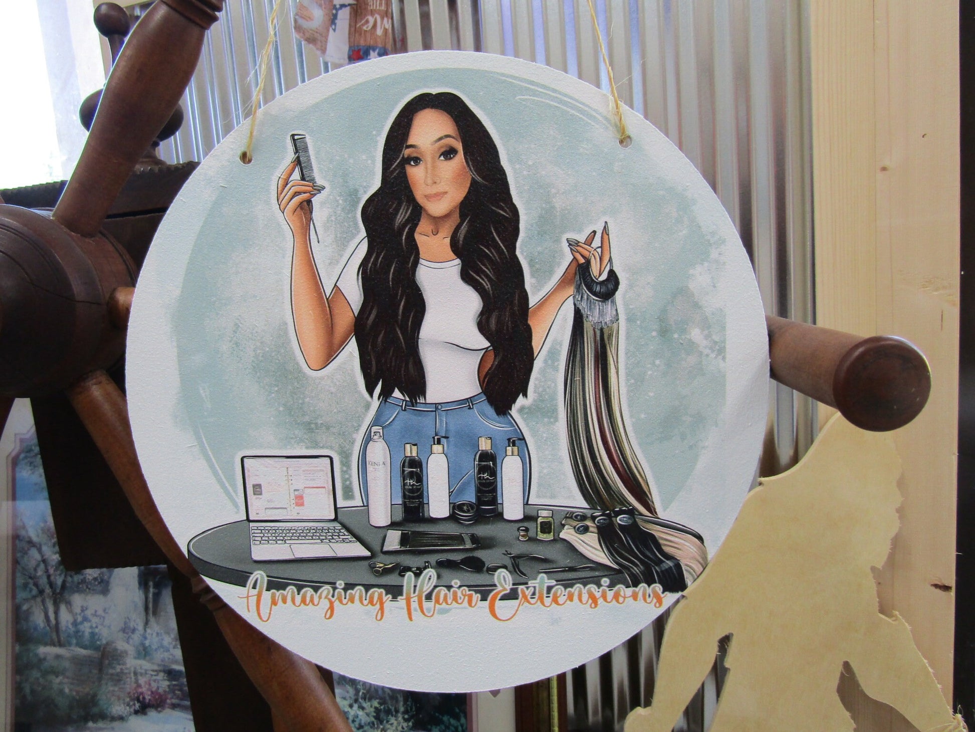 Hair Extensions Salon Booth Style Door Hanger Your Logo Character Small Business Lightweight Commerical Signage Beauty Stylist Beautician