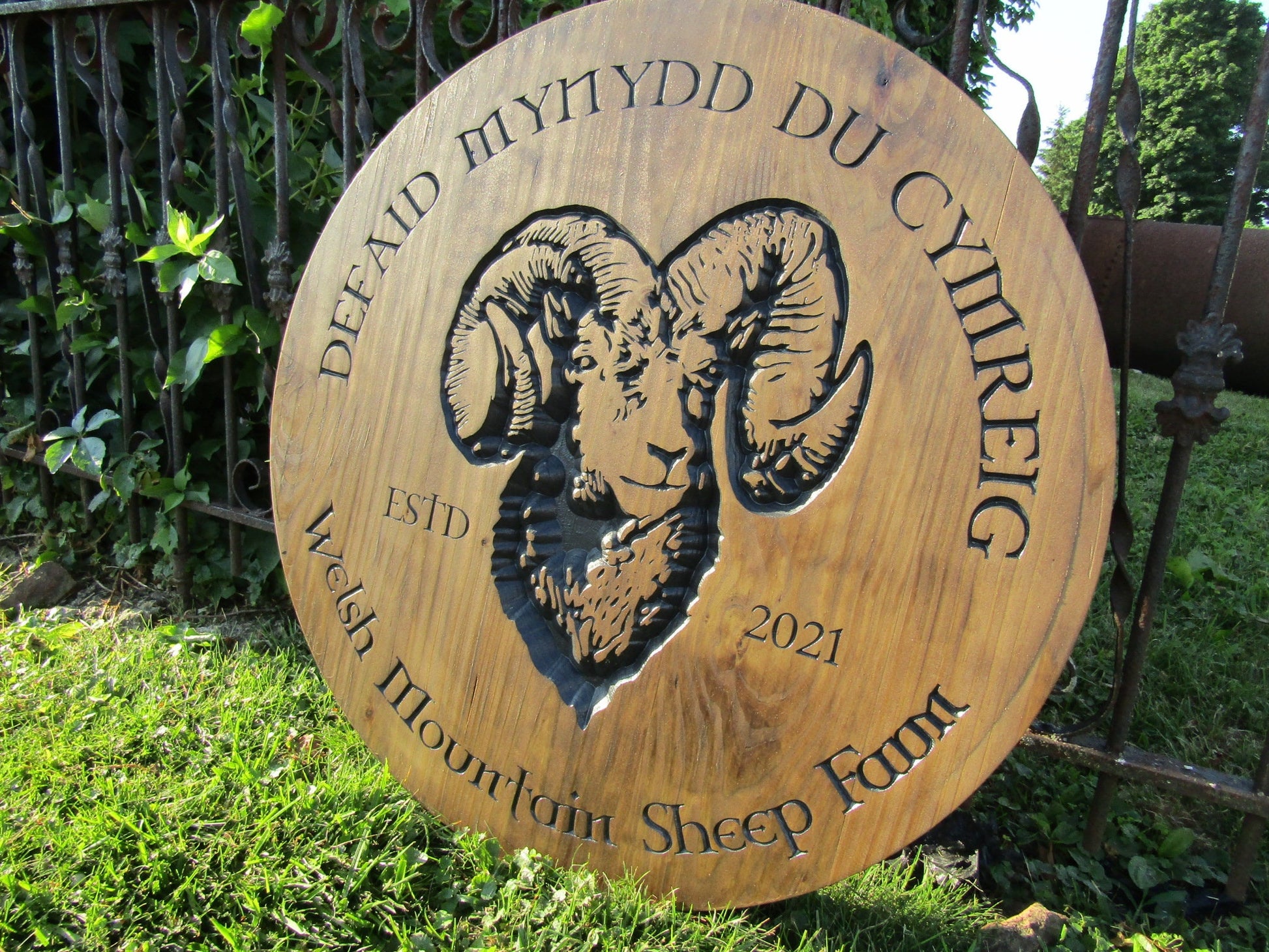 Welsh Sheep Farm Engraved Routed Custom Ram Livestock Round Commerical Signage Homestead Pine Wooden Sign Barn Stained Detailed Your Logo
