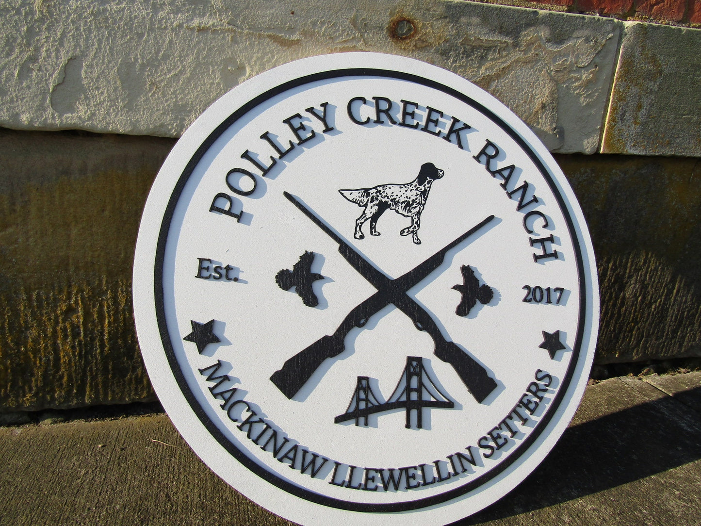 Bird Dog Mackinaw Llewellin Setters Hunting Dogs Breeder Ranch Round Custom Commerical Signage Creek Farm Riffle Handmade Wooden Sign Rustic