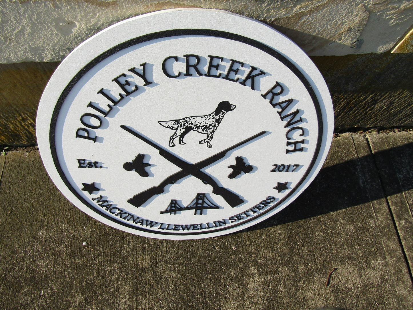 Bird Dog Mackinaw Llewellin Setters Hunting Dogs Breeder Ranch Round Custom Commerical Signage Creek Farm Riffle Handmade Wooden Sign Rustic