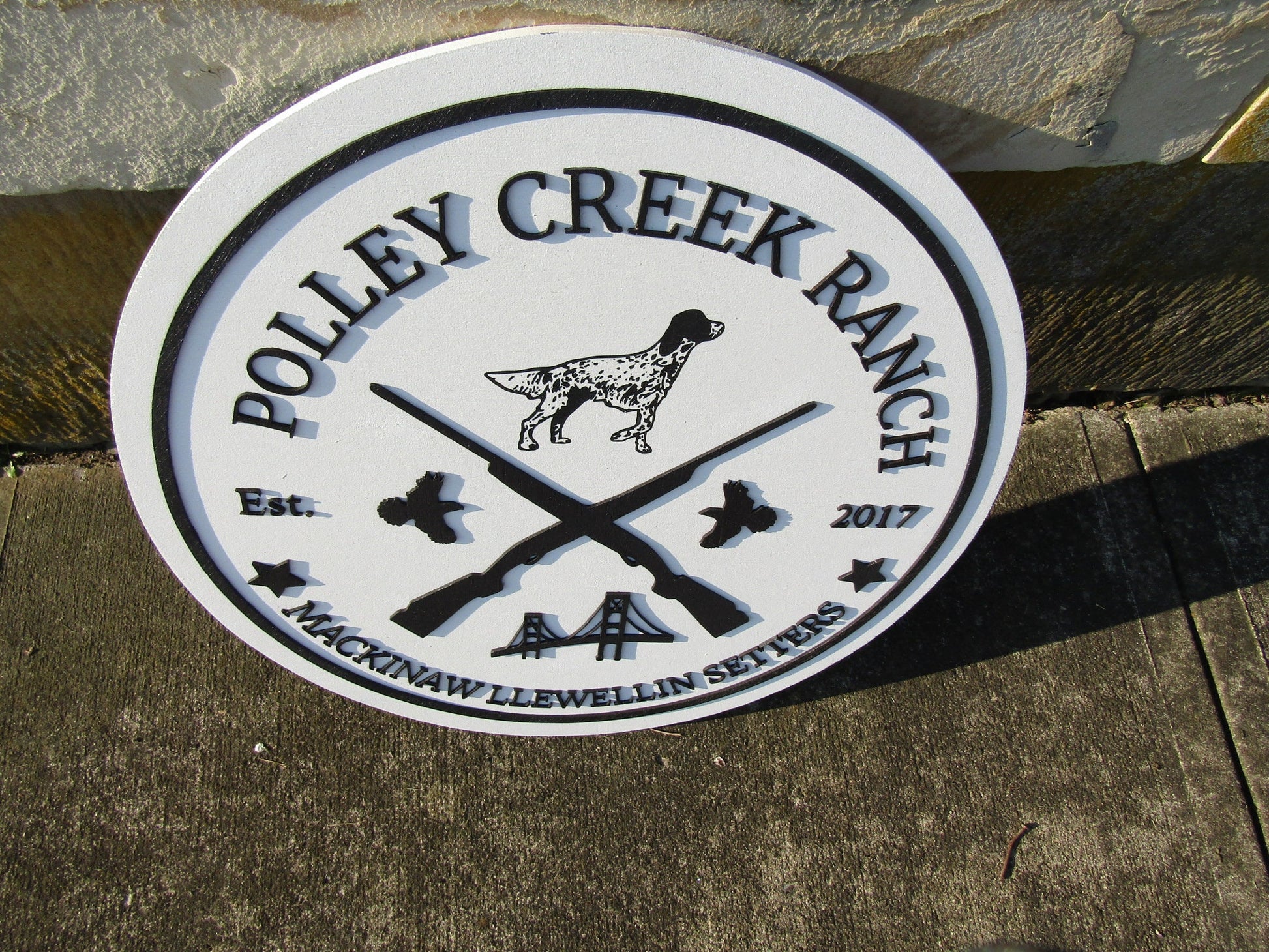 Bird Dog Mackinaw Llewellin Setters Hunting Dogs Breeder Ranch Round Custom Commerical Signage Creek Farm Riffle Handmade Wooden Sign Rustic