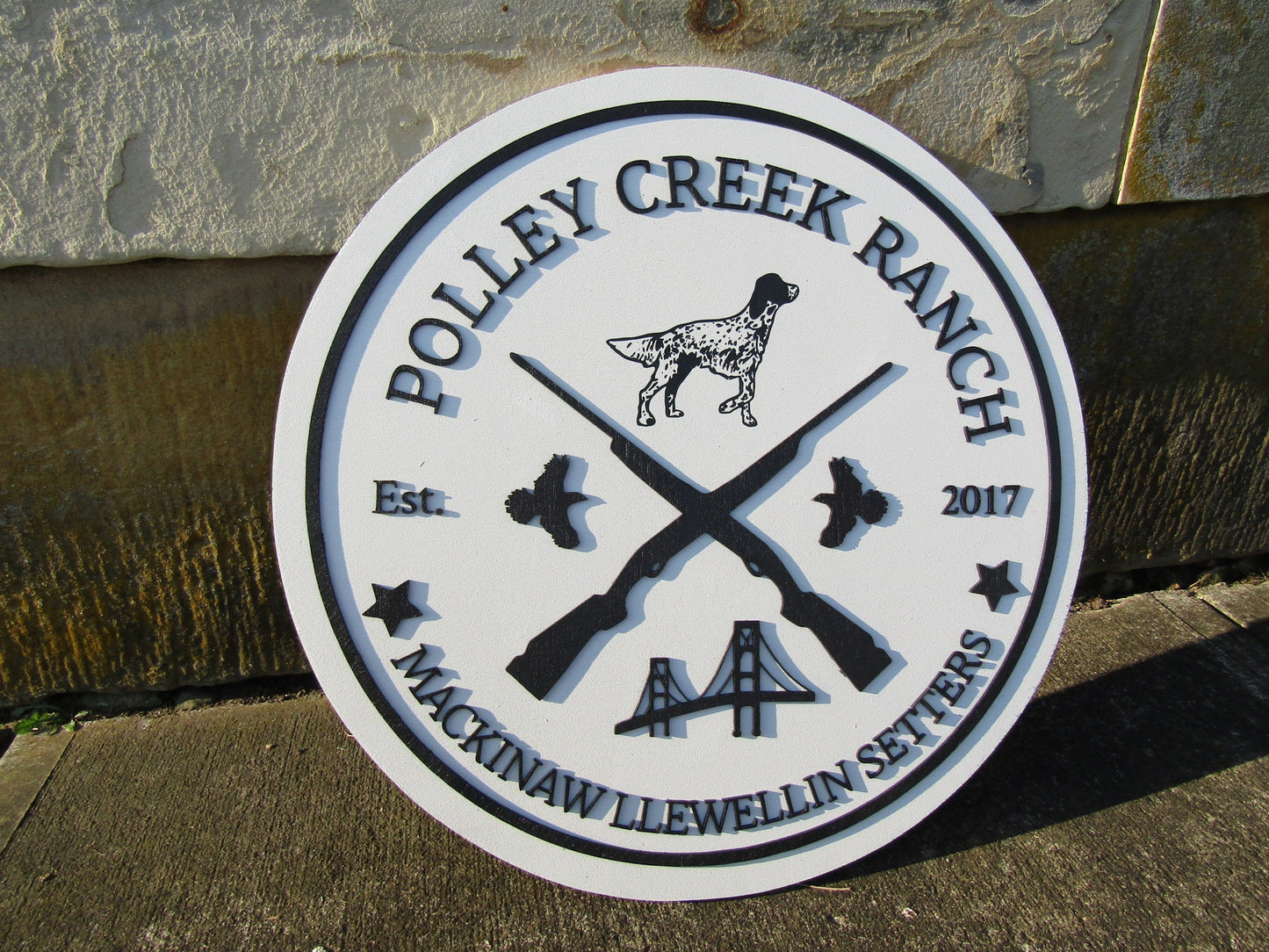 Bird Dog Mackinaw Llewellin Setters Hunting Dogs Breeder Ranch Round Custom Commerical Signage Creek Farm Riffle Handmade Wooden Sign Rustic