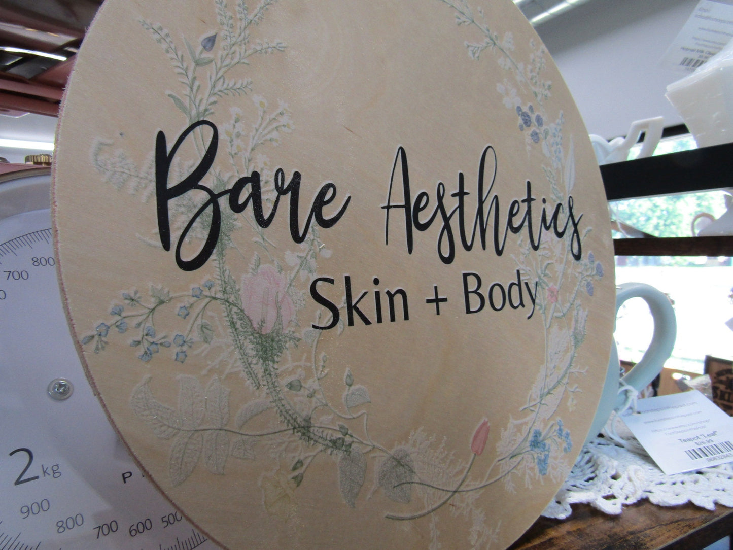 Custom Bare Aesthetics Skin and Body Round Floral Lightweight Business Small Shop Printed Wood Your Logo Circle Booth Vendor Table Wall Sign
