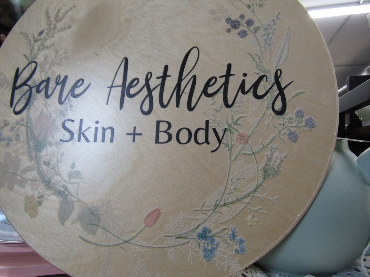 Custom Bare Aesthetics Skin and Body Round Floral Lightweight Business Small Shop Printed Wood Your Logo Circle Booth Vendor Table Wall Sign