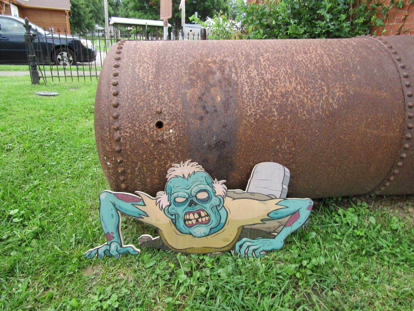Zombie crawling from the ground scary happy Halloween yard decor great for trick or treat wood sign