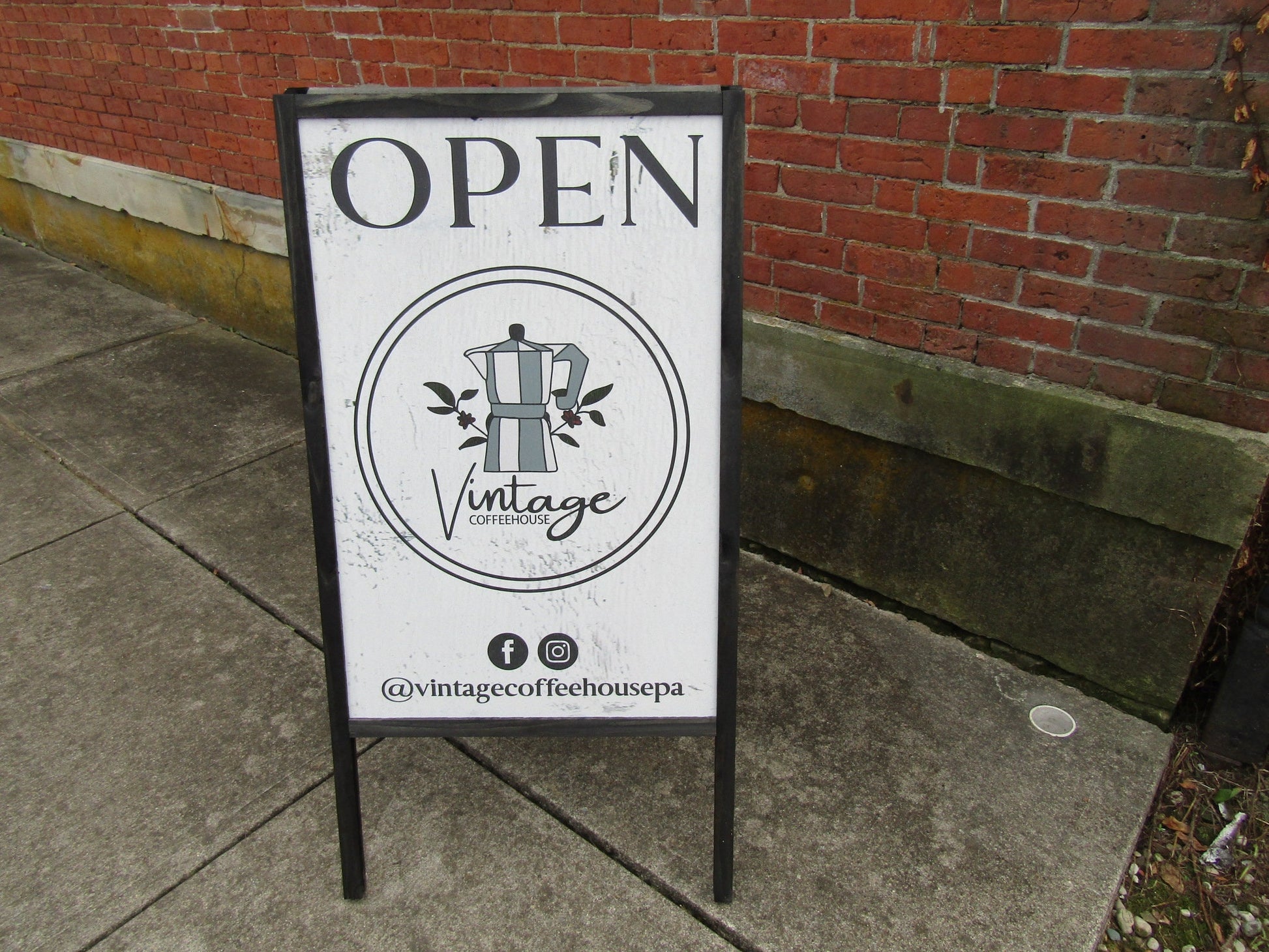 Vintage Coffee Shop Sidewalk Open Welcome Sign Board Walk A frame Free Standing Printed Outdoor Sandwich Board Sign Your logo social media