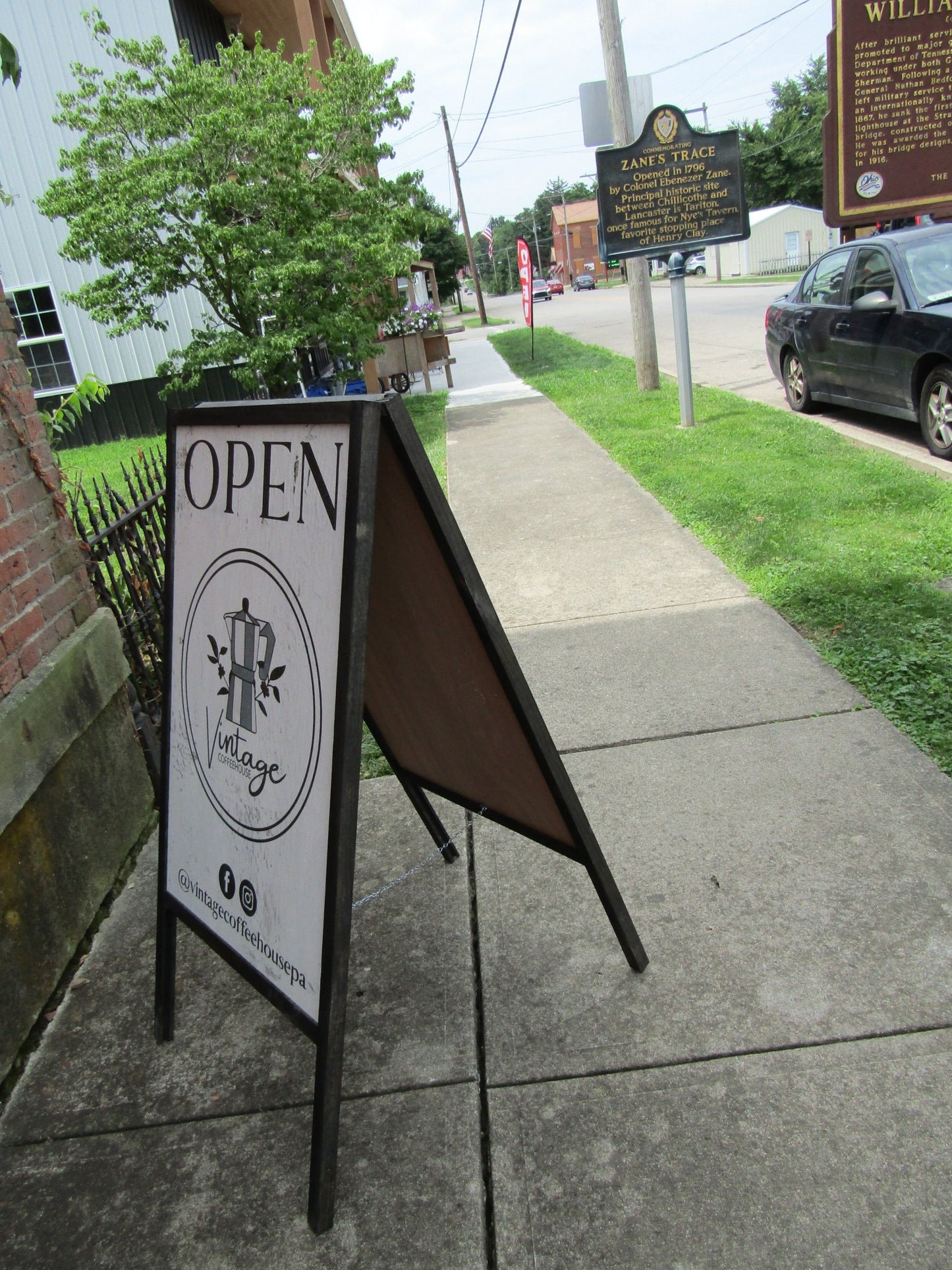 Vintage Coffee Shop Sidewalk Open Welcome Sign Board Walk A frame Free Standing Printed Outdoor Sandwich Board Sign Your logo social media