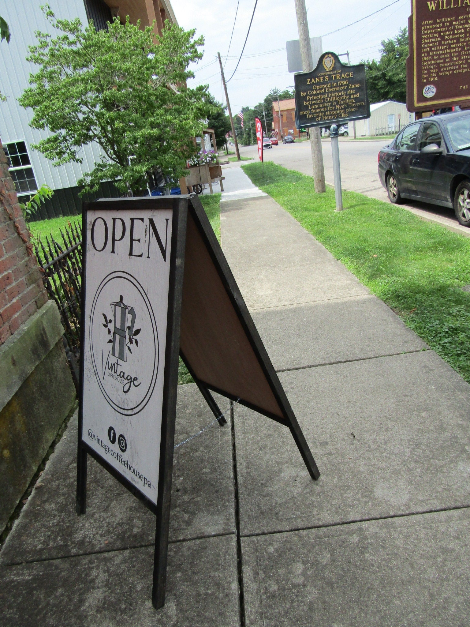 Vintage Coffee Shop Sidewalk Open Welcome Sign Board Walk A frame Free Standing Printed Outdoor Sandwich Board Sign Your logo social media