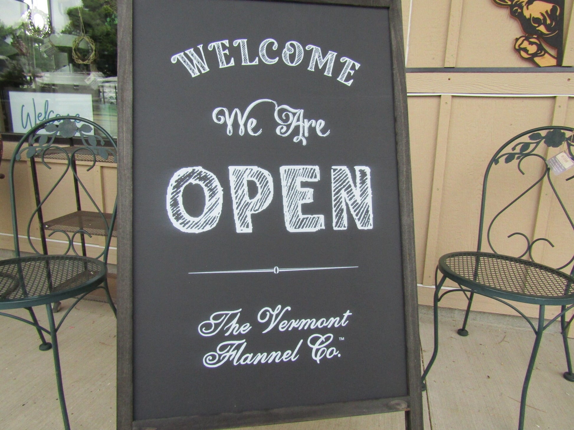 Welcome We Are Open A Frame Freestanding Sign Flannel Company Vermont Small shop Sidewalk Store Front Sign Wooden Sign Chalkboard Style