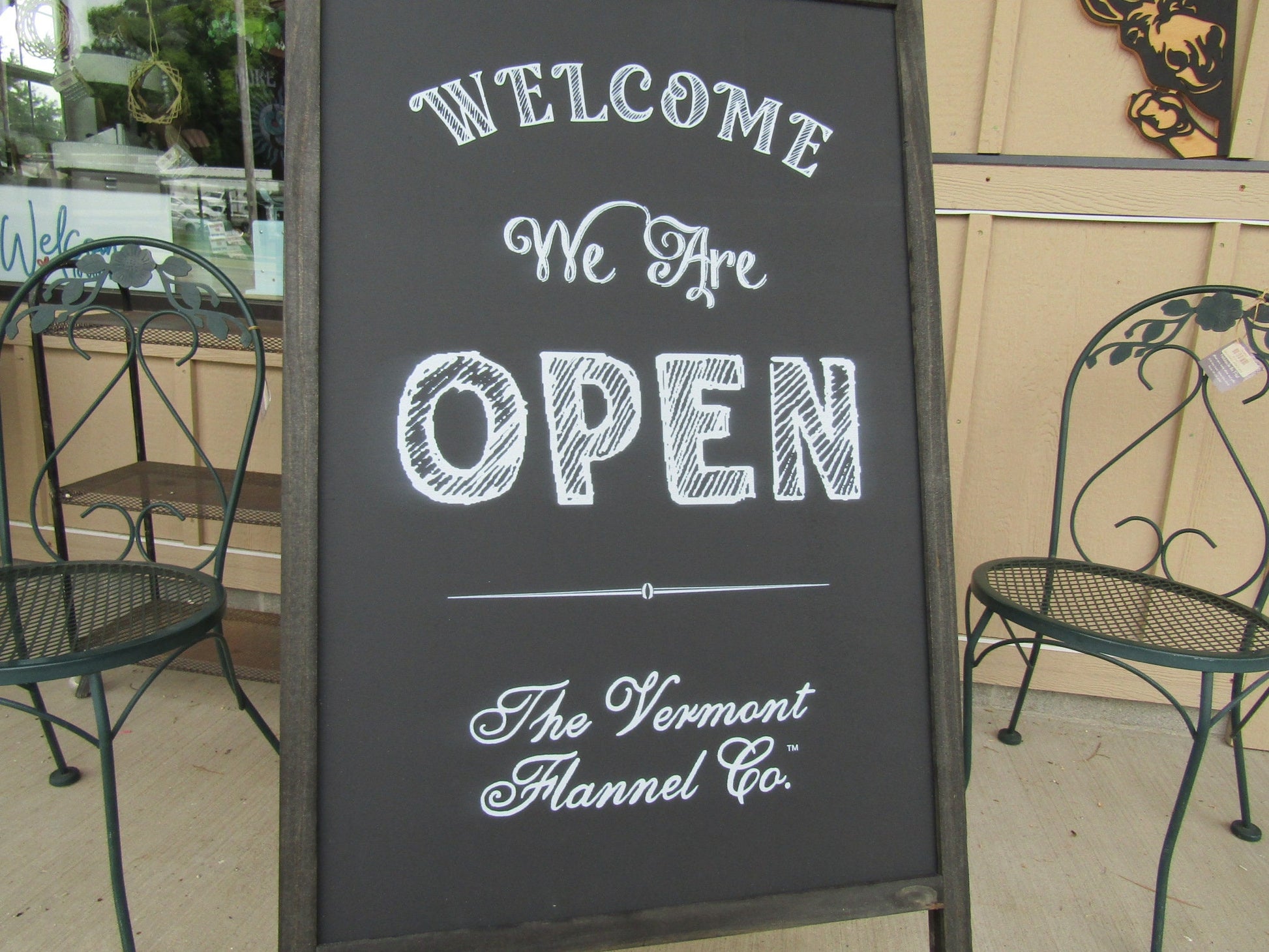 Welcome We Are Open A Frame Freestanding Sign Flannel Company Vermont Small shop Sidewalk Store Front Sign Wooden Sign Chalkboard Style