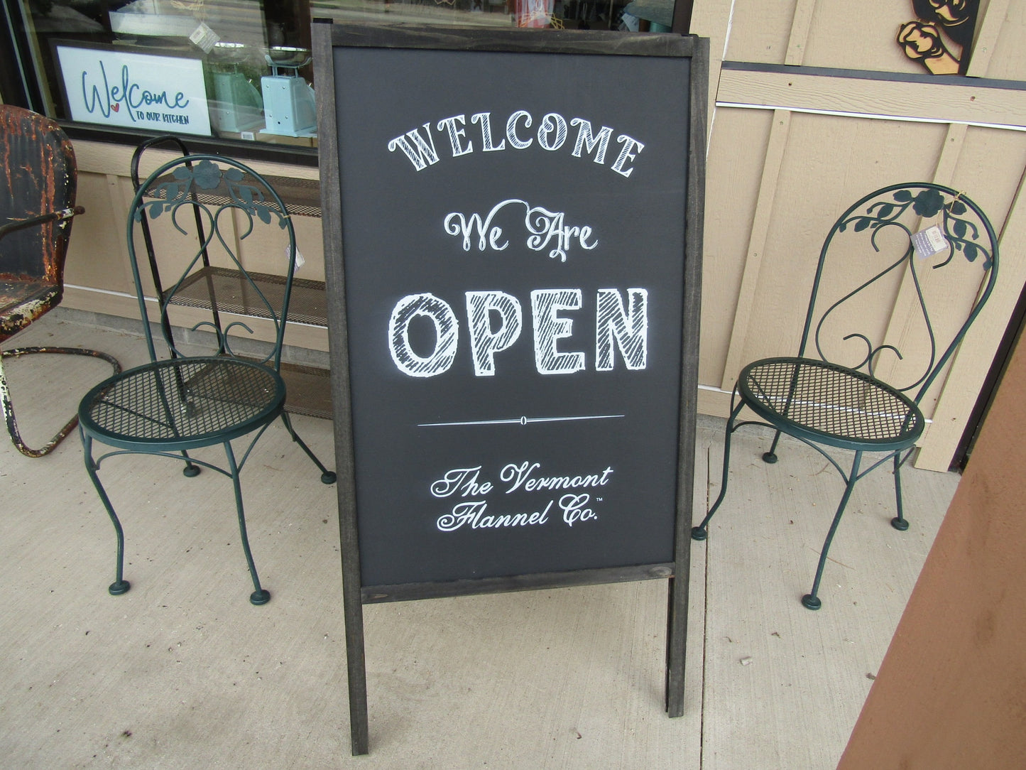 Welcome We Are Open A Frame Freestanding Sign Flannel Company Vermont Small shop Sidewalk Store Front Sign Wooden Sign Chalkboard Style
