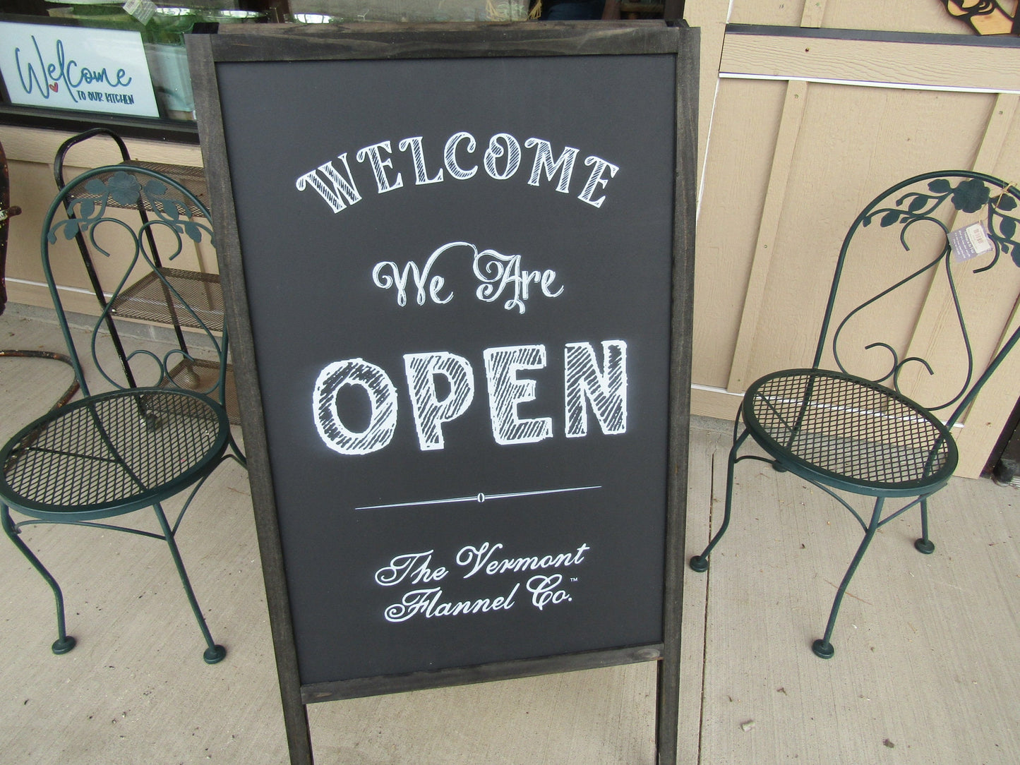 Welcome We Are Open A Frame Freestanding Sign Flannel Company Vermont Small shop Sidewalk Store Front Sign Wooden Sign Chalkboard Style
