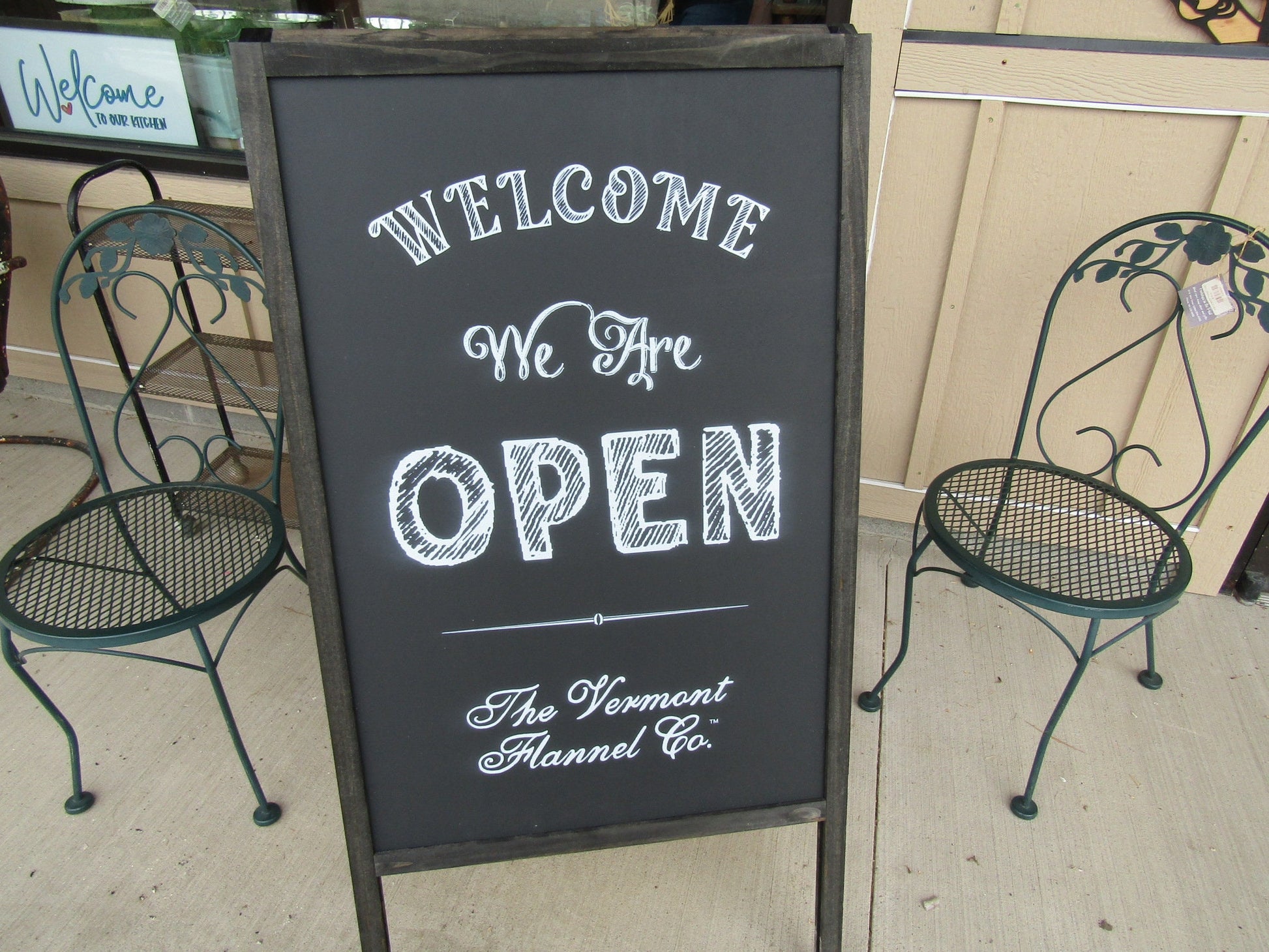 Welcome We Are Open A Frame Freestanding Sign Flannel Company Vermont Small shop Sidewalk Store Front Sign Wooden Sign Chalkboard Style