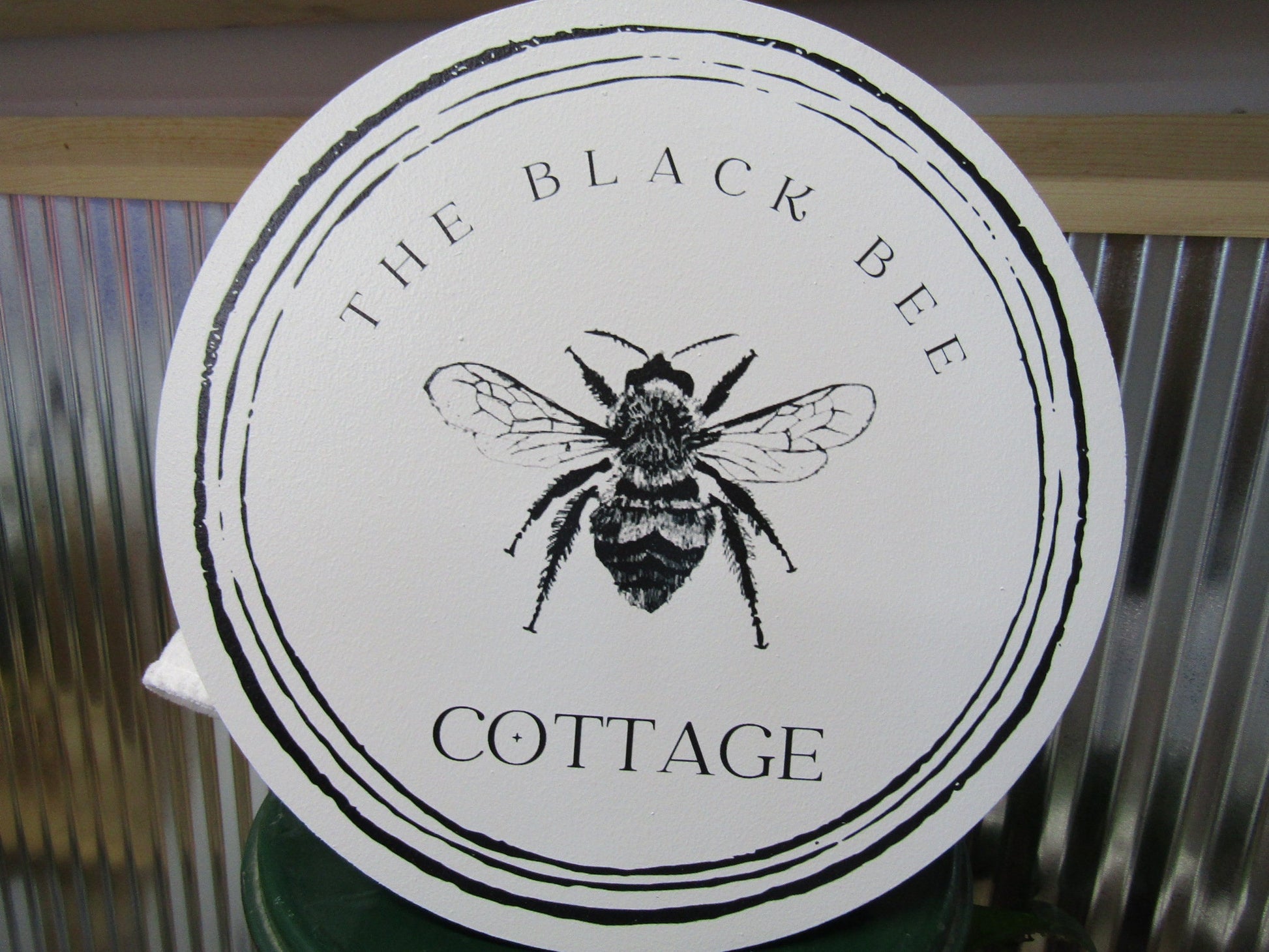 Cottage Bumble Bee Printed on Wood Black and White Decor Vintage Style Minimalist Lite Weight Small Business Sign Boutique Company Wooden