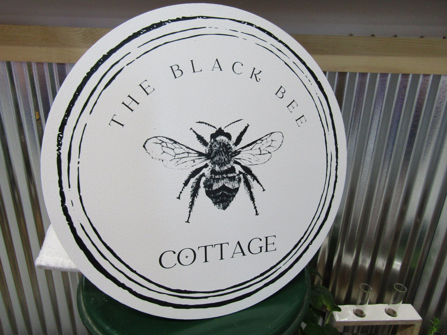 Cottage Bumble Bee Printed on Wood Black and White Decor Vintage Style Minimalist Lite Weight Small Business Sign Boutique Company Wooden