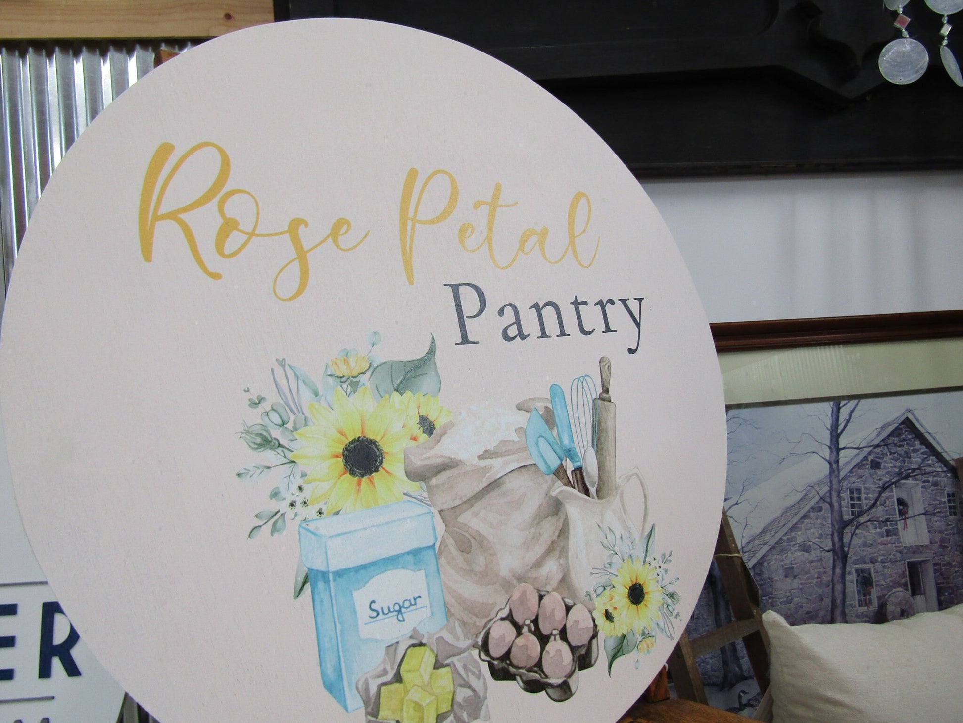 Pantry Baker Kitchen Utensils Sunflowers Printed on Wood Full Color Your Logo Sugar Flour Mason Jar Small Business Lightweight Wood Sign