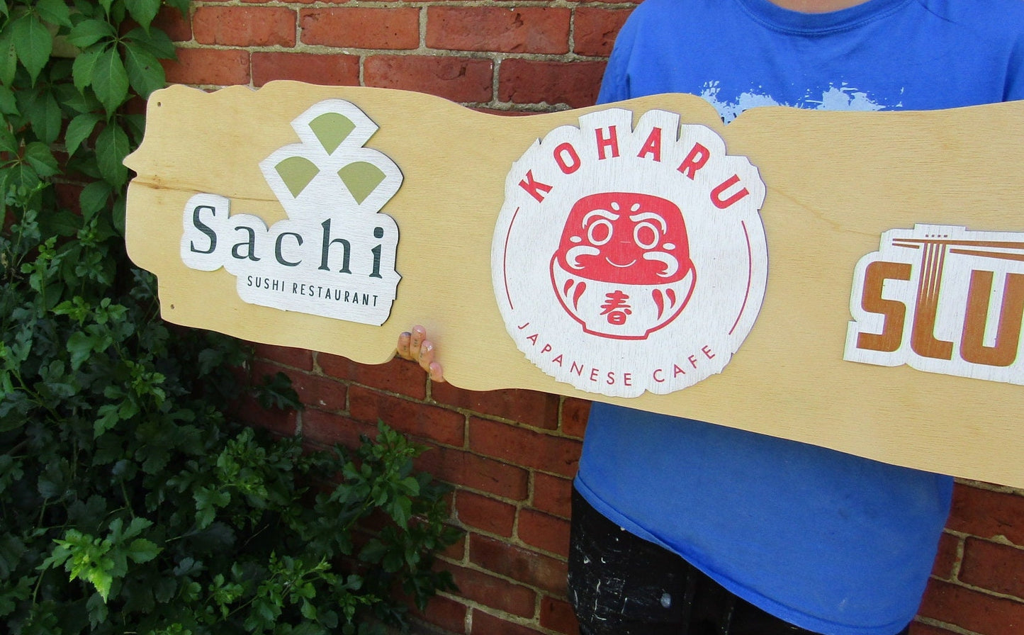 Eatery Mock Live Edge Logo Product Sushi Slurp Japanese Cafe Yuo Club Food Court Sign Commerical Signage Color Print Wooden Sign Handmade
