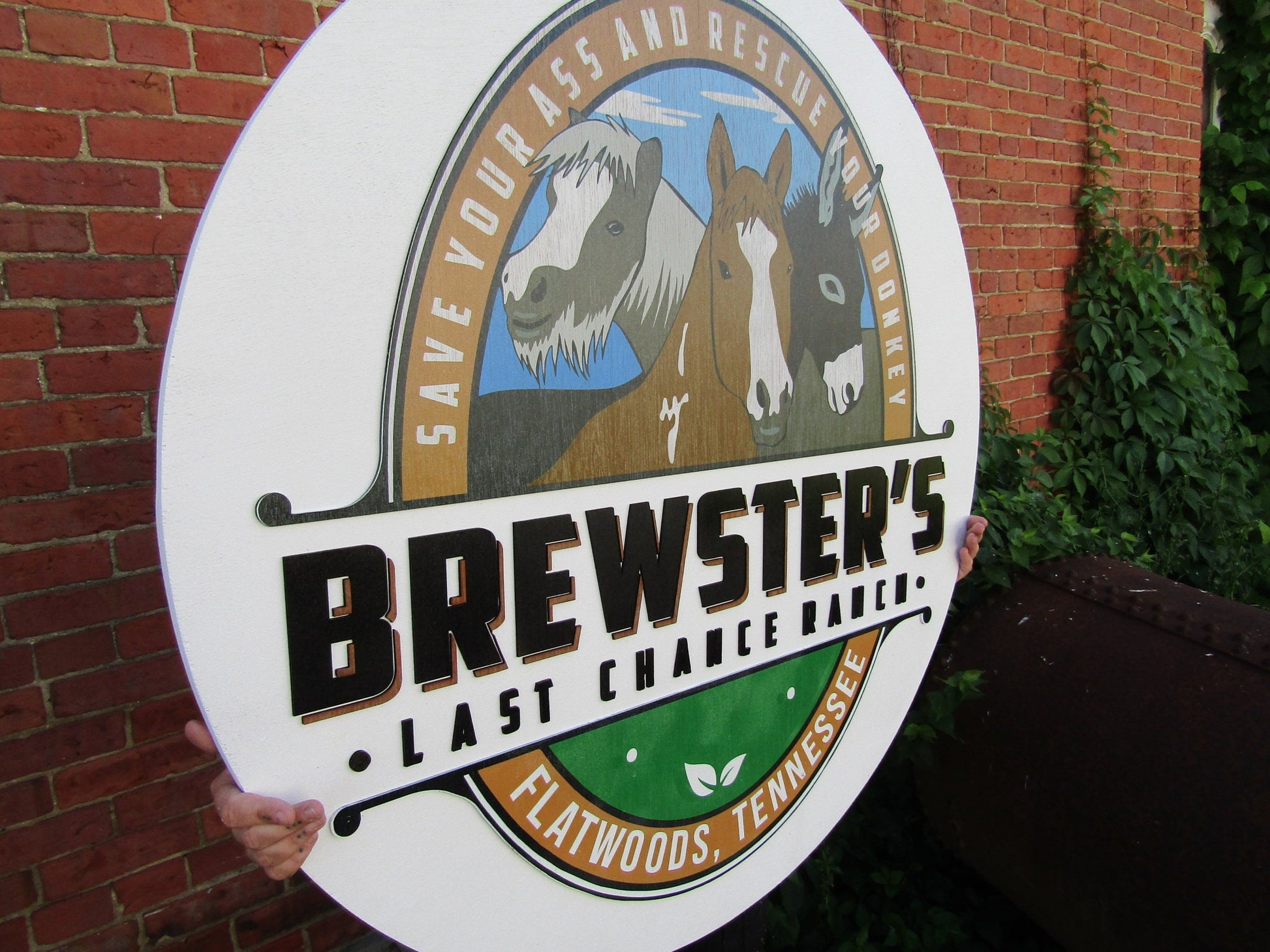 Horses Brewster's Donkey Ranch Printed in Color Raised Wooden Sign Farm Custom Logo Rescue Stalls Farm Round Commerical Signage Handmade