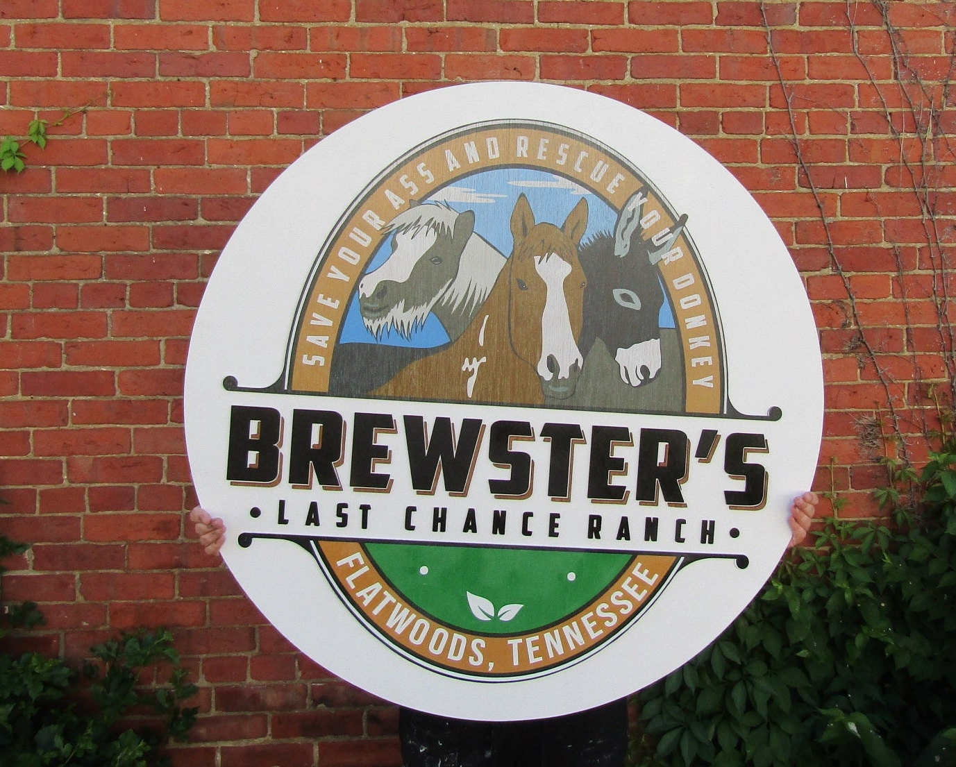 Horses Brewster's Donkey Ranch Printed in Color Raised Wooden Sign Farm Custom Logo Rescue Stalls Farm Round Commerical Signage Handmade