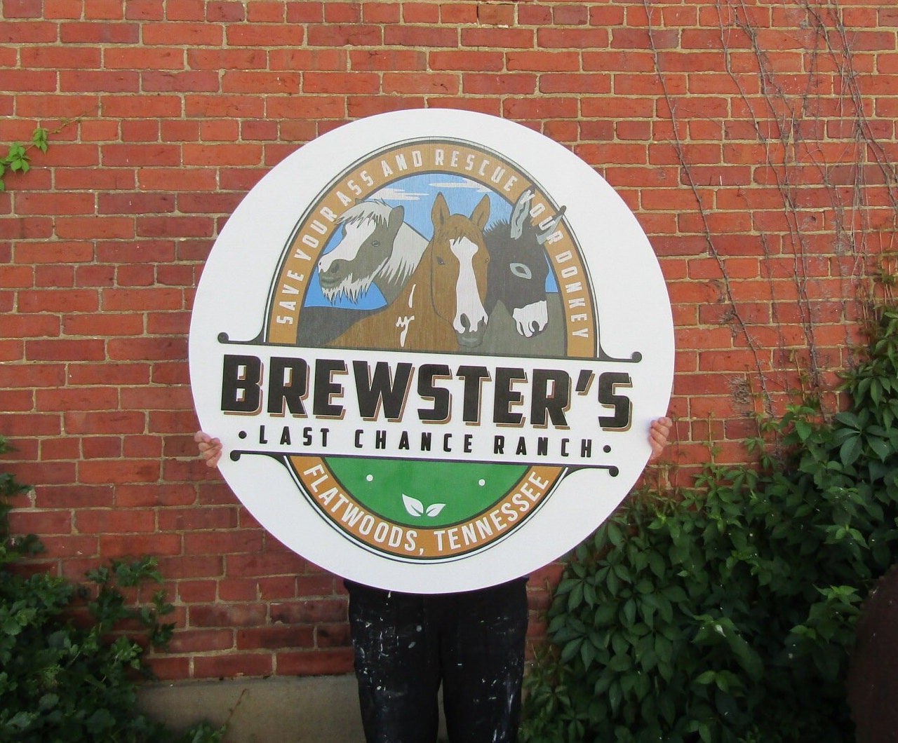 Horses Brewster's Donkey Ranch Printed in Color Raised Wooden Sign Farm Custom Logo Rescue Stalls Farm Round Commerical Signage Handmade