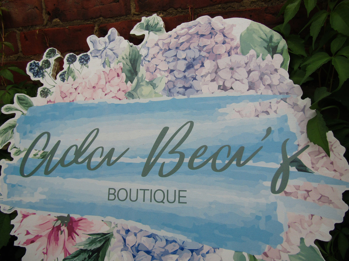 Printed Flower Watercolor Boutique Wooden Sign Commercial Signage Hydrangea Pretty Color Round Custom Personalized Business Front Sign