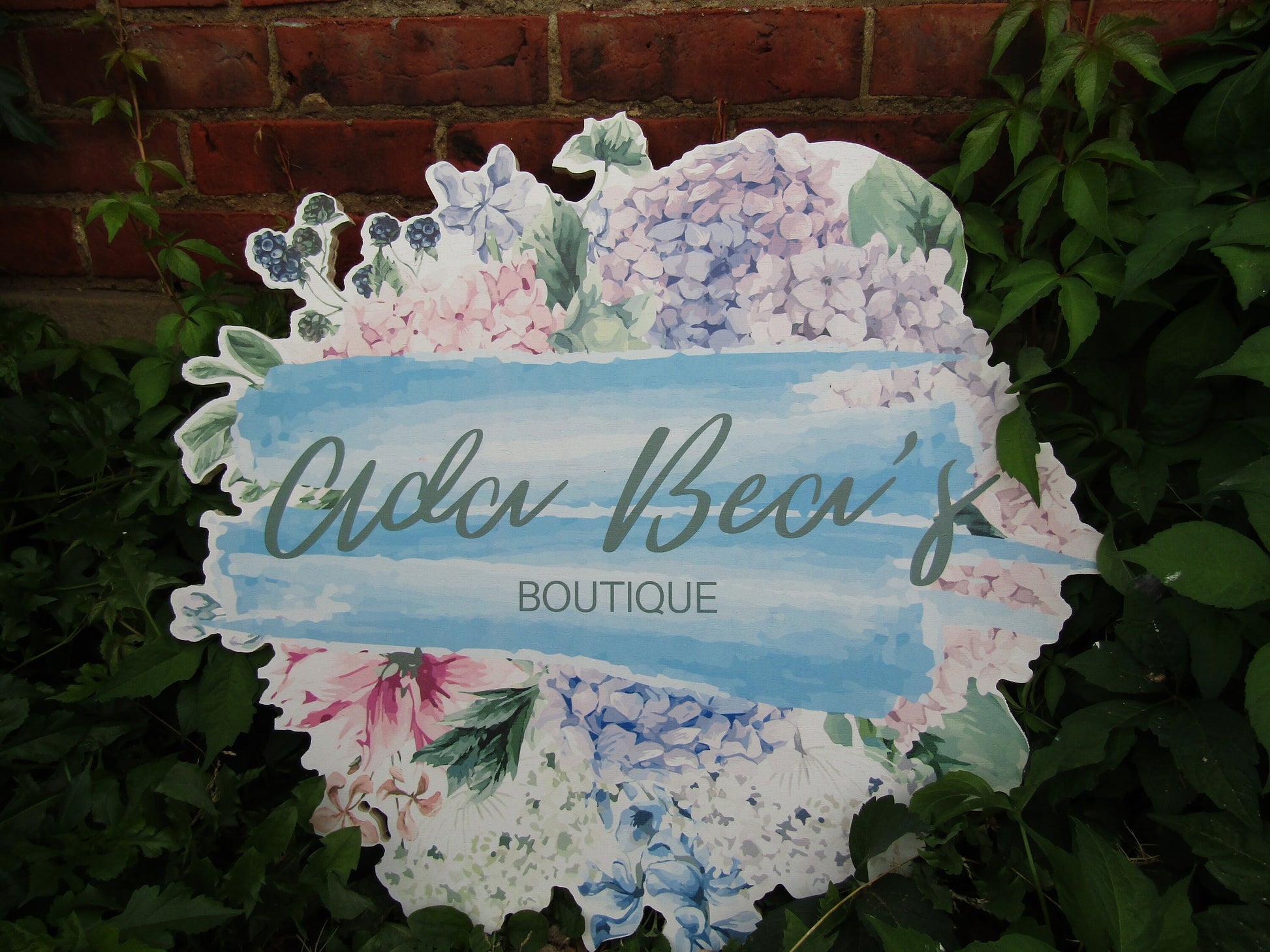 Printed Flower Watercolor Boutique Wooden Sign Commercial Signage Hydrangea Pretty Color Round Custom Personalized Business Front Sign