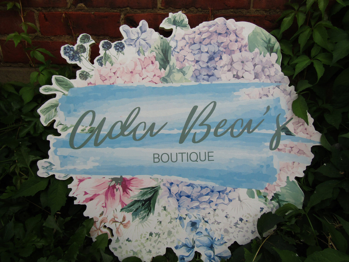 Printed Flower Watercolor Boutique Wooden Sign Commercial Signage Hydrangea Pretty Color Round Custom Personalized Business Front Sign