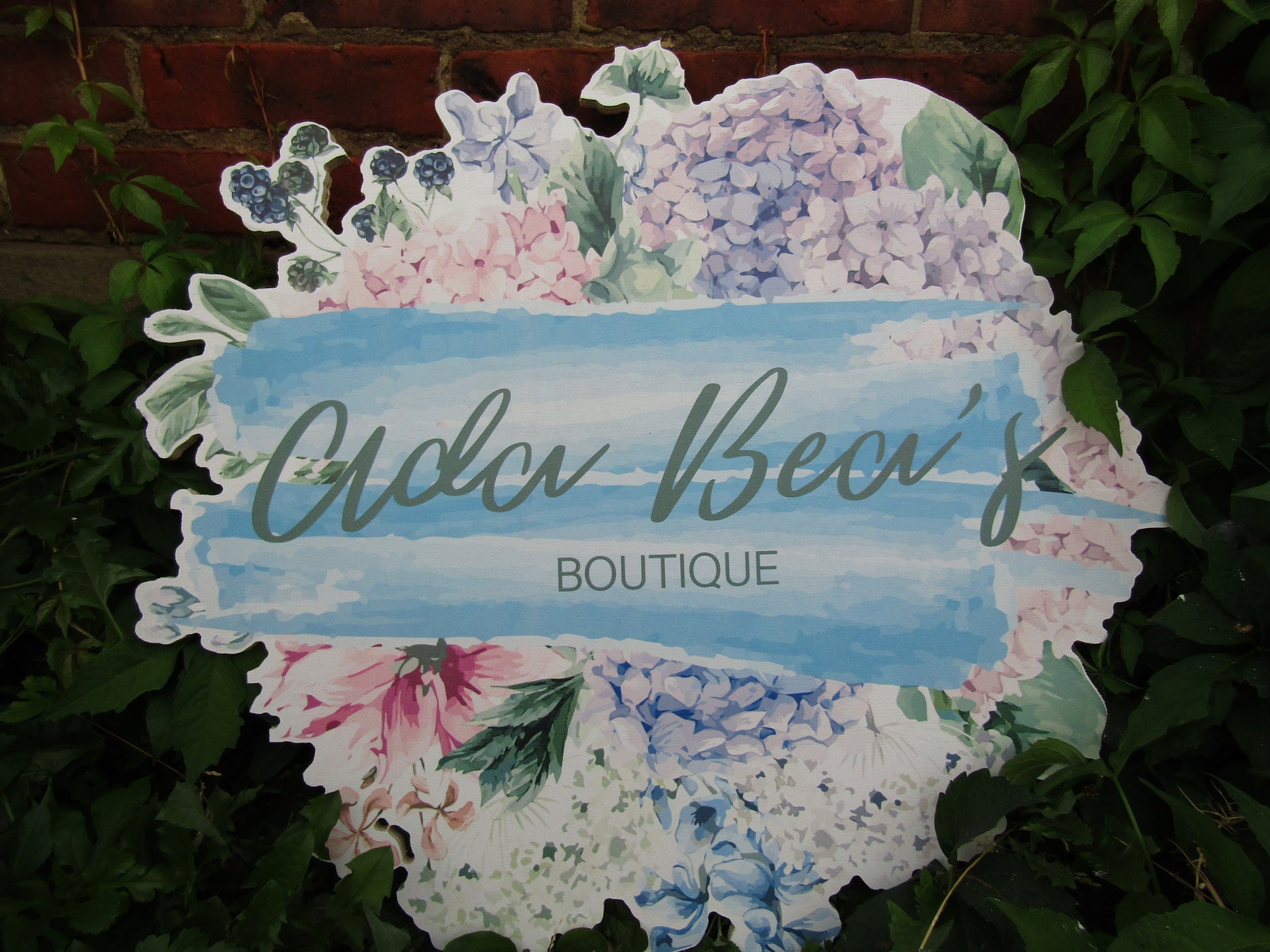 Printed Flower Watercolor Boutique Wooden Sign Commercial Signage Hydrangea Pretty Color Round Custom Personalized Business Front Sign