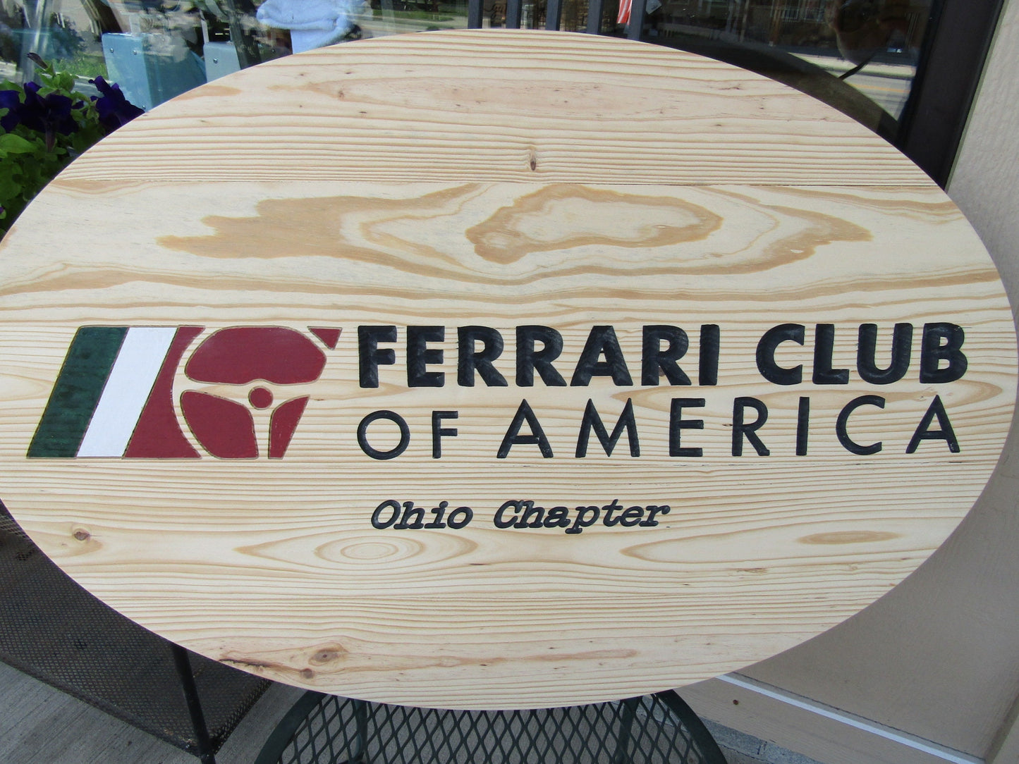 Automotive Car Club Vehicle Engraved Pine Color Filled Routed Sterring Wheel Logo Oval Large Handmade CNC Indoor Outdoor Commerical Signage