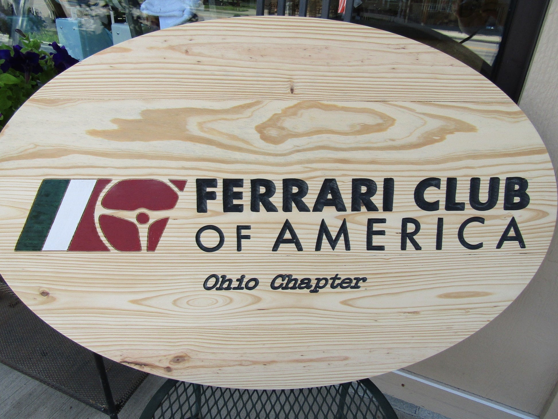 Automotive Car Club Vehicle Engraved Pine Color Filled Routed Sterring Wheel Logo Oval Large Handmade CNC Indoor Outdoor Commerical Signage