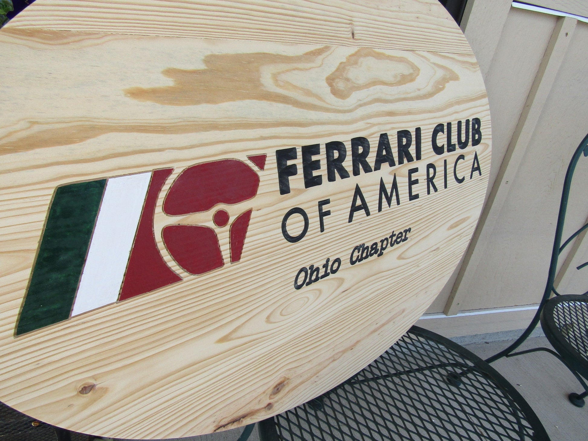 Automotive Car Club Vehicle Engraved Pine Color Filled Routed Sterring Wheel Logo Oval Large Handmade CNC Indoor Outdoor Commerical Signage