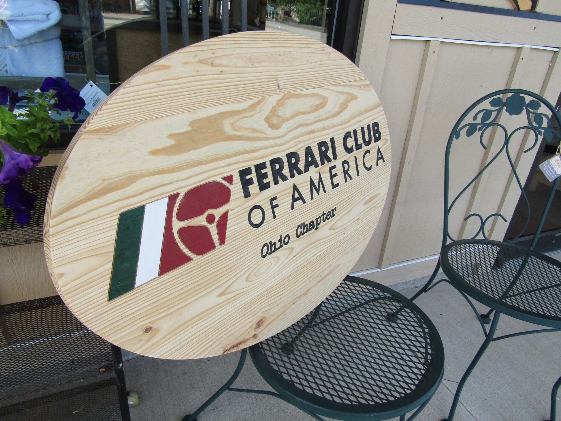 Automotive Car Club Vehicle Engraved Pine Color Filled Routed Sterring Wheel Logo Oval Large Handmade CNC Indoor Outdoor Commerical Signage