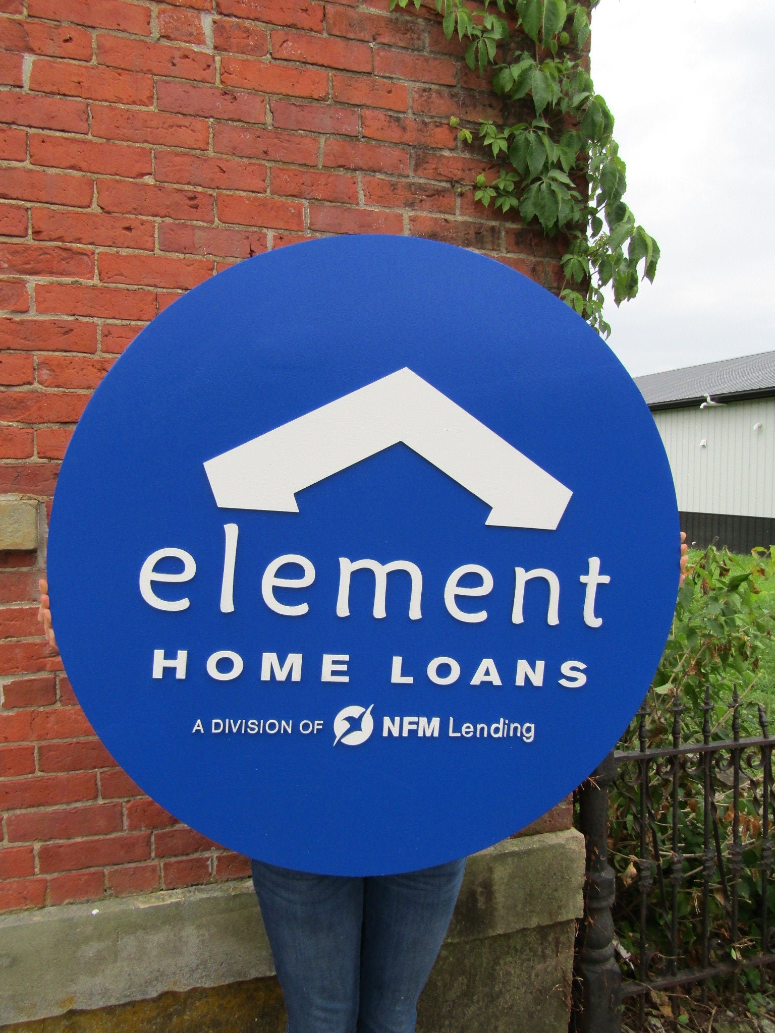 Custom Sign Round Business Commerical Signage Element Mortage Loan Office Made to Order Logo Blue Circle Wooden Handmade Advertising Large