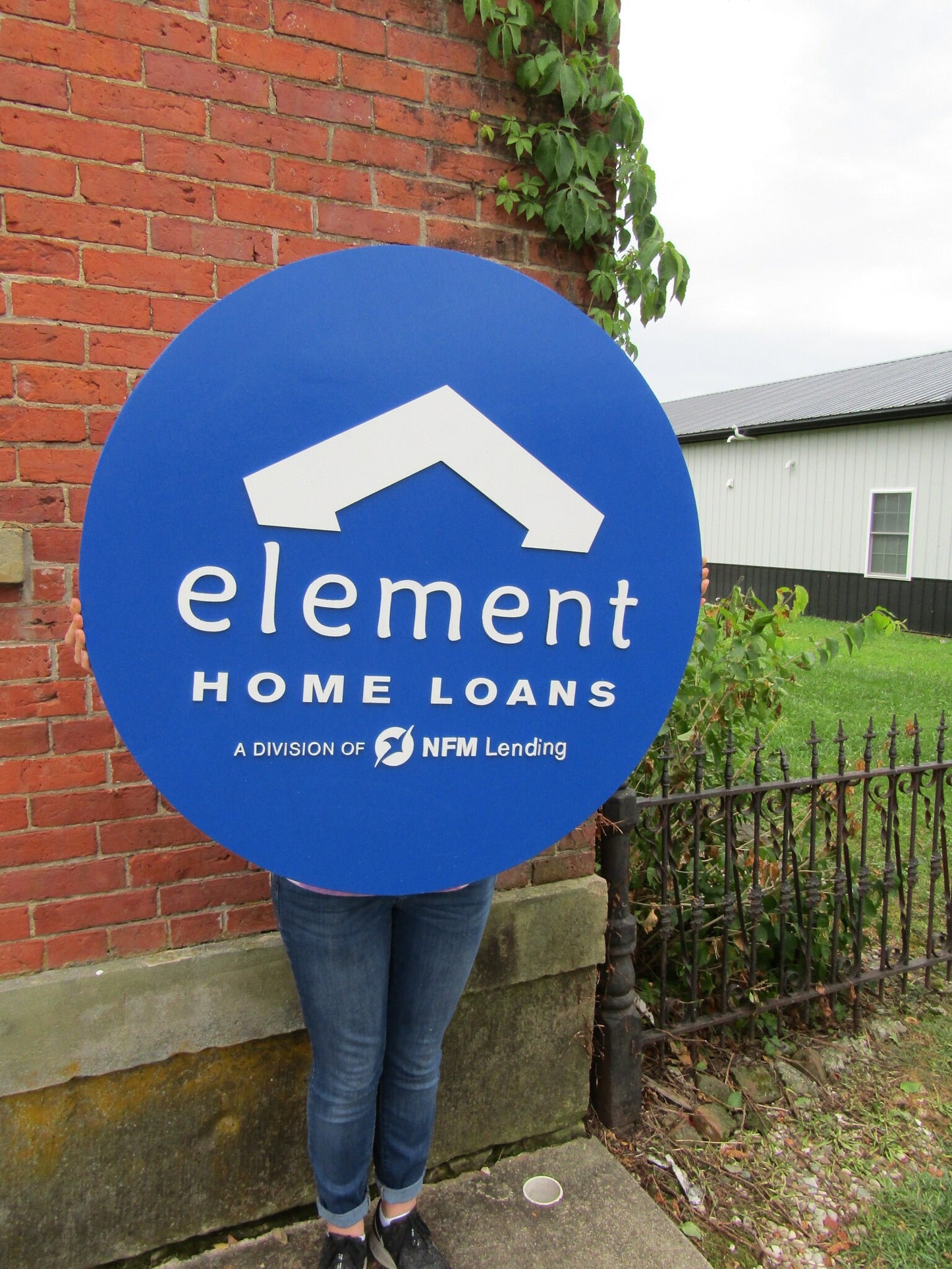 Custom Sign Round Business Commerical Signage Element Mortage Loan Office Made to Order Logo Blue Circle Wooden Handmade Advertising Large