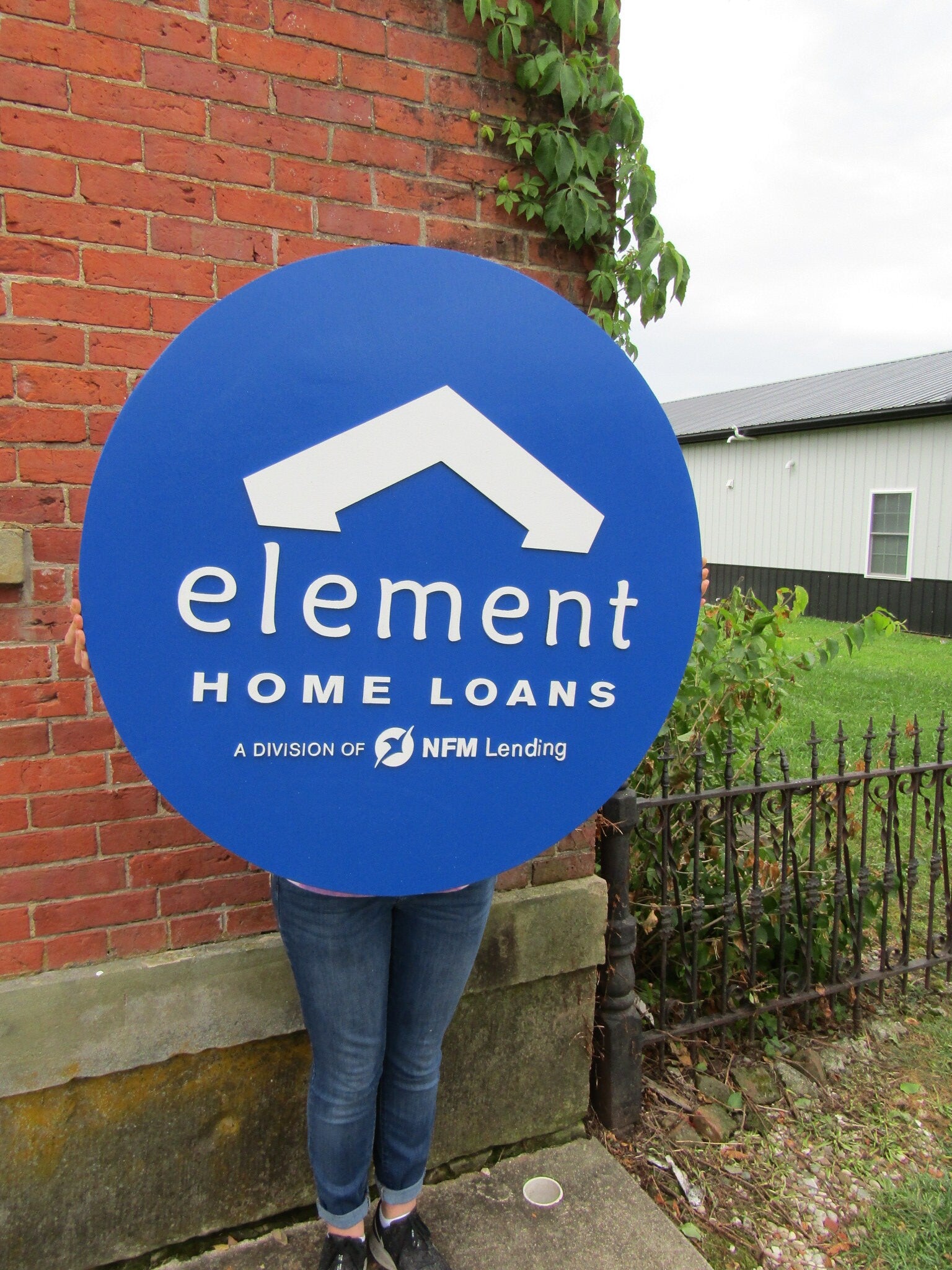 Custom Sign Round Business Commerical Signage Element Mortage Loan Office Made to Order Logo Blue Circle Wooden Handmade Advertising Large