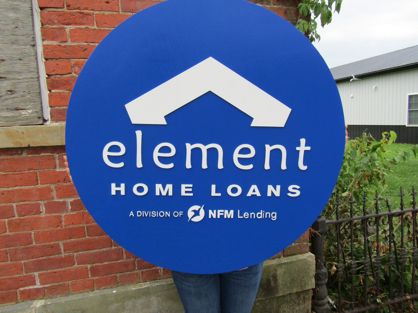 Custom Sign Round Business Commerical Signage Element Mortage Loan Office Made to Order Logo Blue Circle Wooden Handmade Advertising Large
