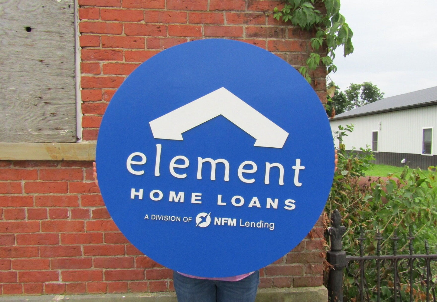 Custom Sign Round Business Commerical Signage Element Mortage Loan Office Made to Order Logo Blue Circle Wooden Handmade Advertising Large