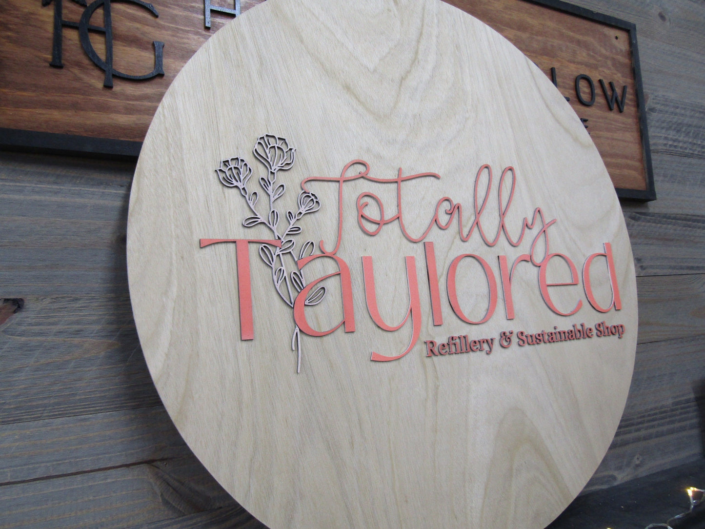 Personalized Refillery Thrift Store Wooden Sign Woodgrain Pink Floral Commerical Signage Natural Sustainable Raised Letters Logo Custom Sign