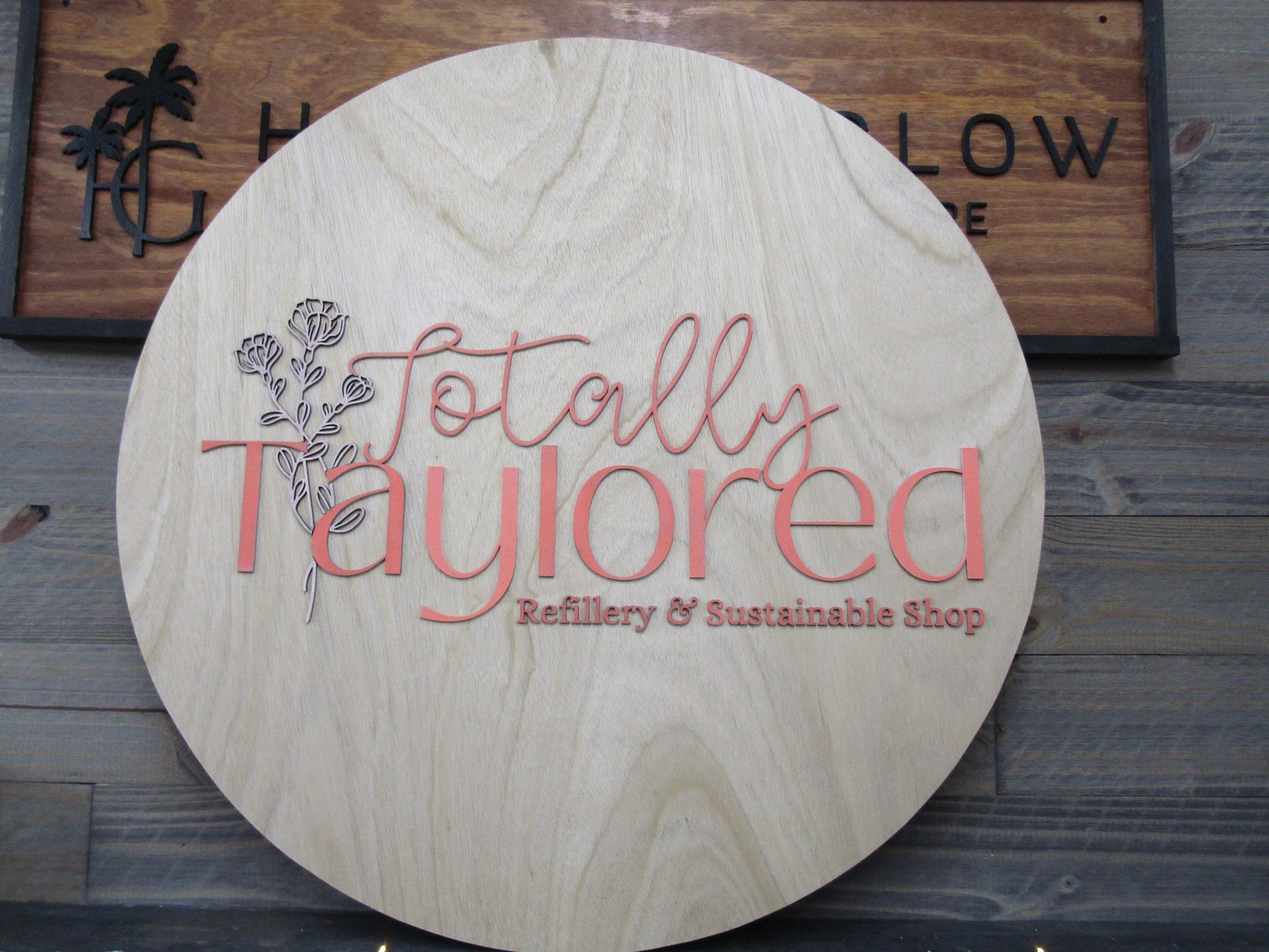 Personalized Refillery Thrift Store Wooden Sign Woodgrain Pink Floral Commerical Signage Natural Sustainable Raised Letters Logo Custom Sign