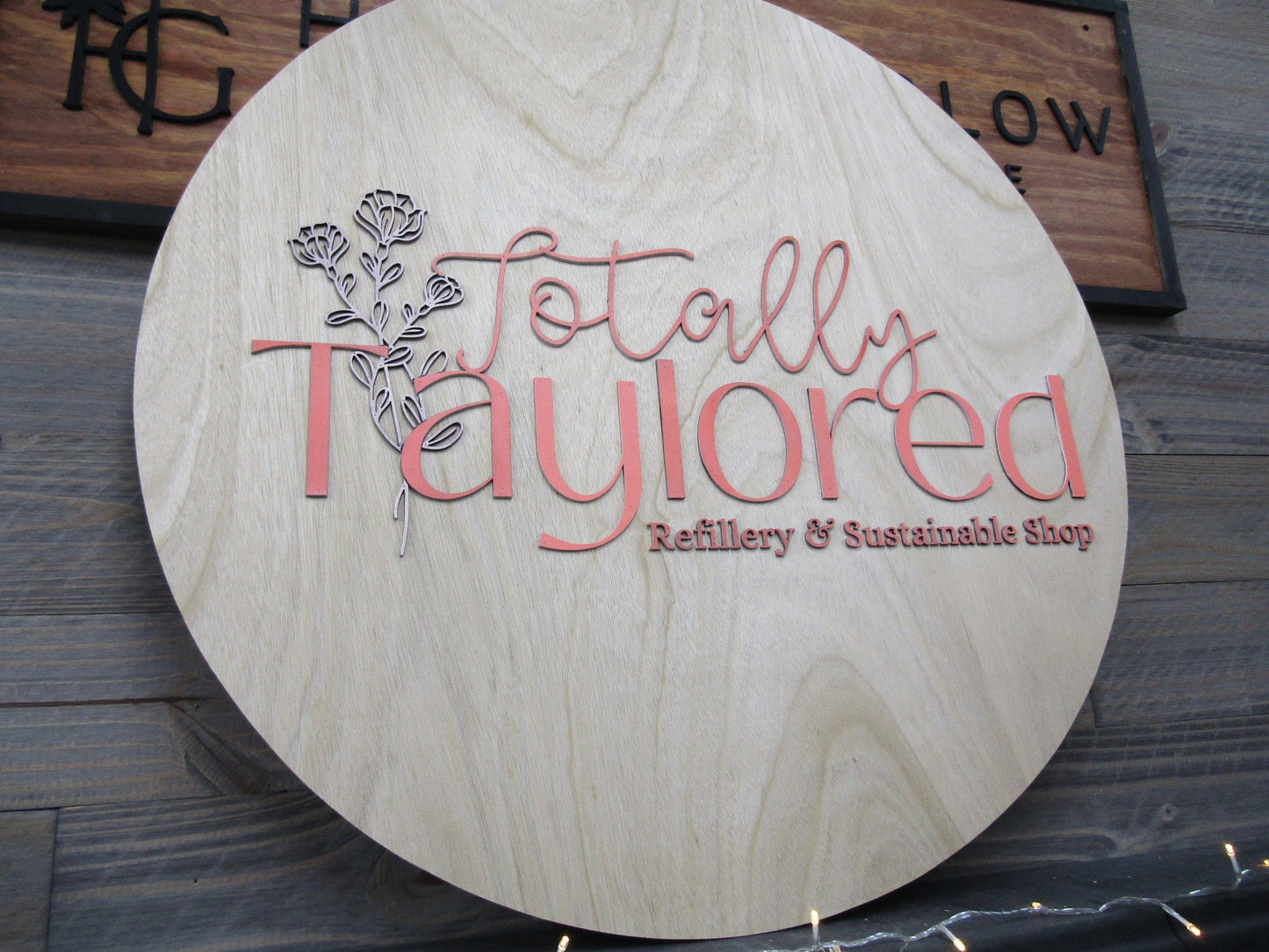 Personalized Refillery Thrift Store Wooden Sign Woodgrain Pink Floral Commerical Signage Natural Sustainable Raised Letters Logo Custom Sign