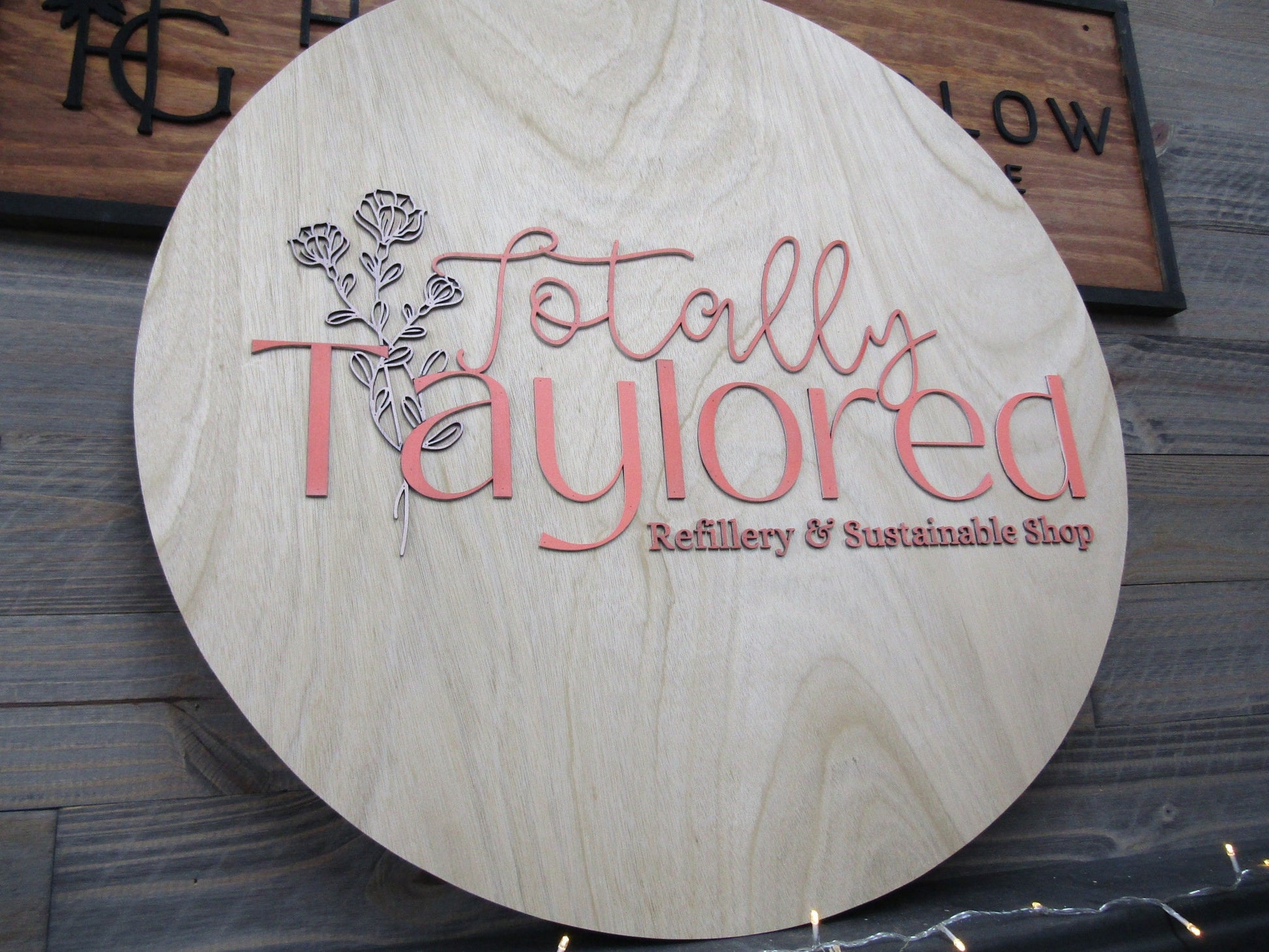 Personalized Refillery Thrift Store Wooden Sign Woodgrain Pink Floral Commerical Signage Natural Sustainable Raised Letters Logo Custom Sign