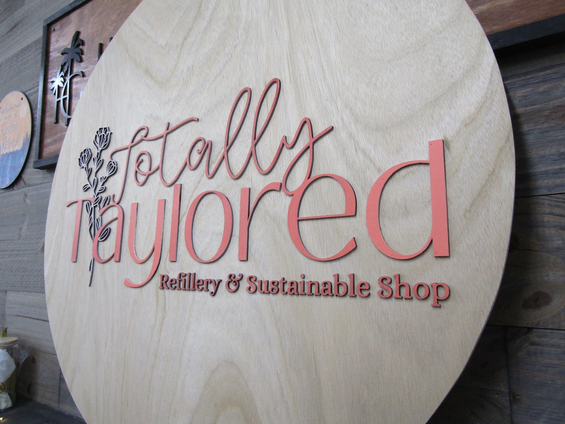 Personalized Refillery Thrift Store Wooden Sign Woodgrain Pink Floral Commerical Signage Natural Sustainable Raised Letters Logo Custom Sign