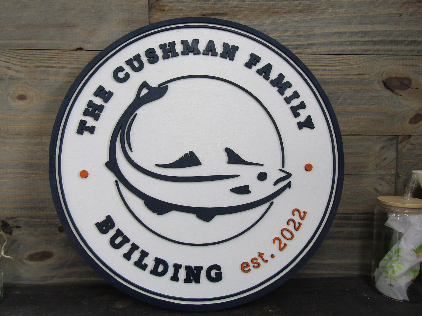Custom Family Building Sign Personalized Customizable Fish Fisher Bait and Tackle Outdoorsman Signage Round Boating Dock Wooden Handmade