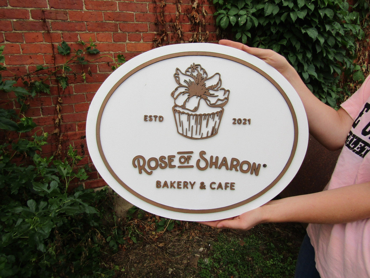 Custom Bakery And Cafe Sign Wooden Handmade Decor Cupcake Baker Rose of Sharon Your Logo Oval Commerical Signage Business Sign Restaurant