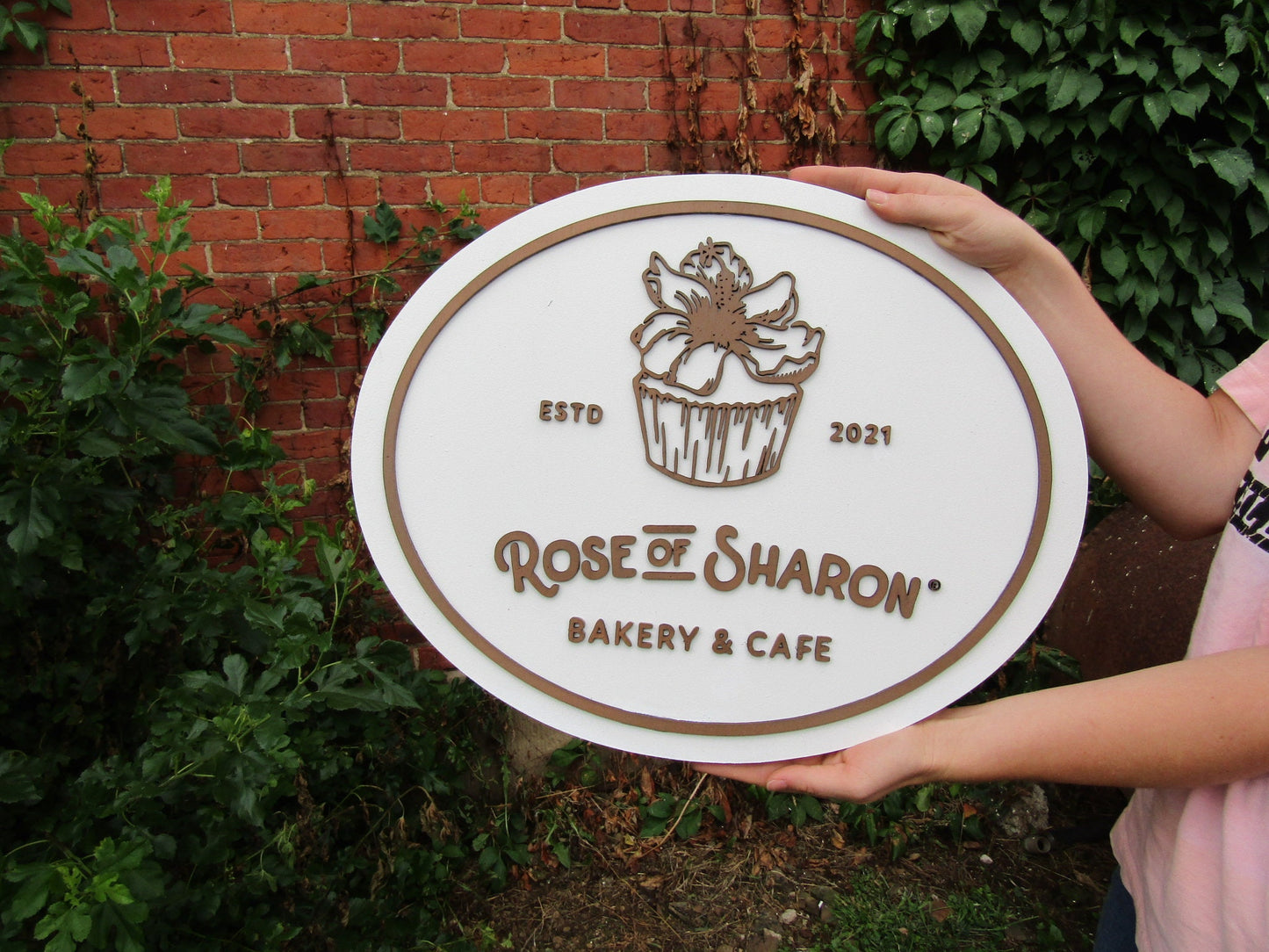 Custom Bakery And Cafe Sign Wooden Handmade Decor Cupcake Baker Rose of Sharon Your Logo Oval Commerical Signage Business Sign Restaurant