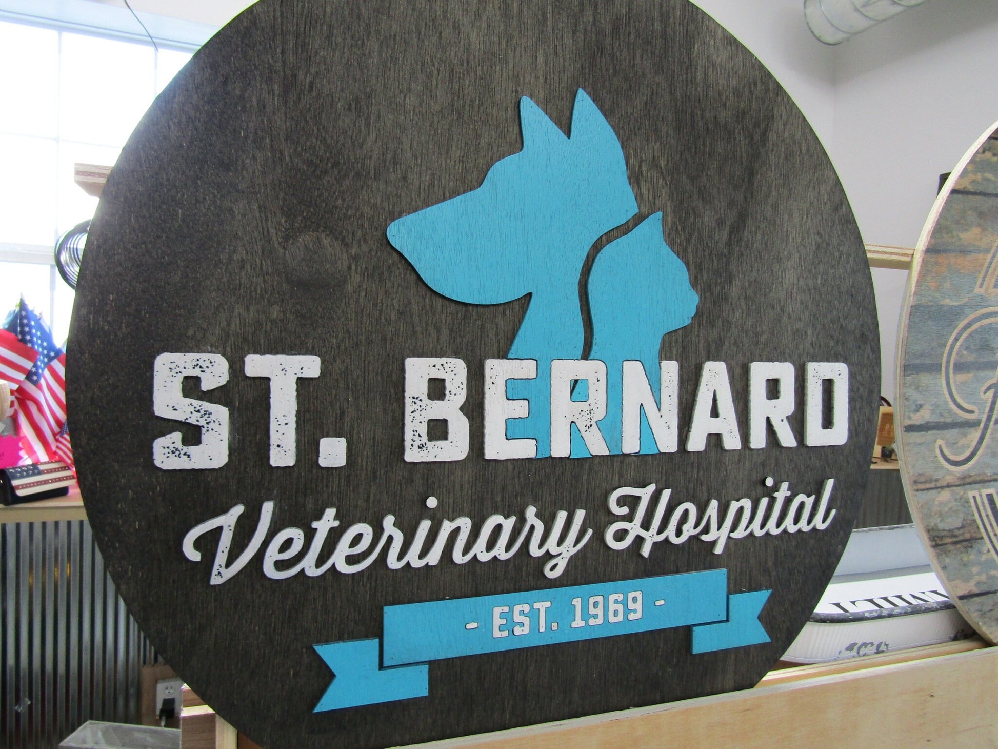 Custom Wooden Sign Round St Benard Veterinary Clinic Animal Hospital Vet Personalized Commerical Signage Raised Letters Your Logo Handmade