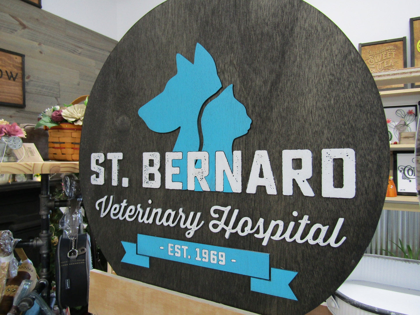 Custom Wooden Sign Round St Benard Veterinary Clinic Animal Hospital Vet Personalized Commerical Signage Raised Letters Your Logo Handmade