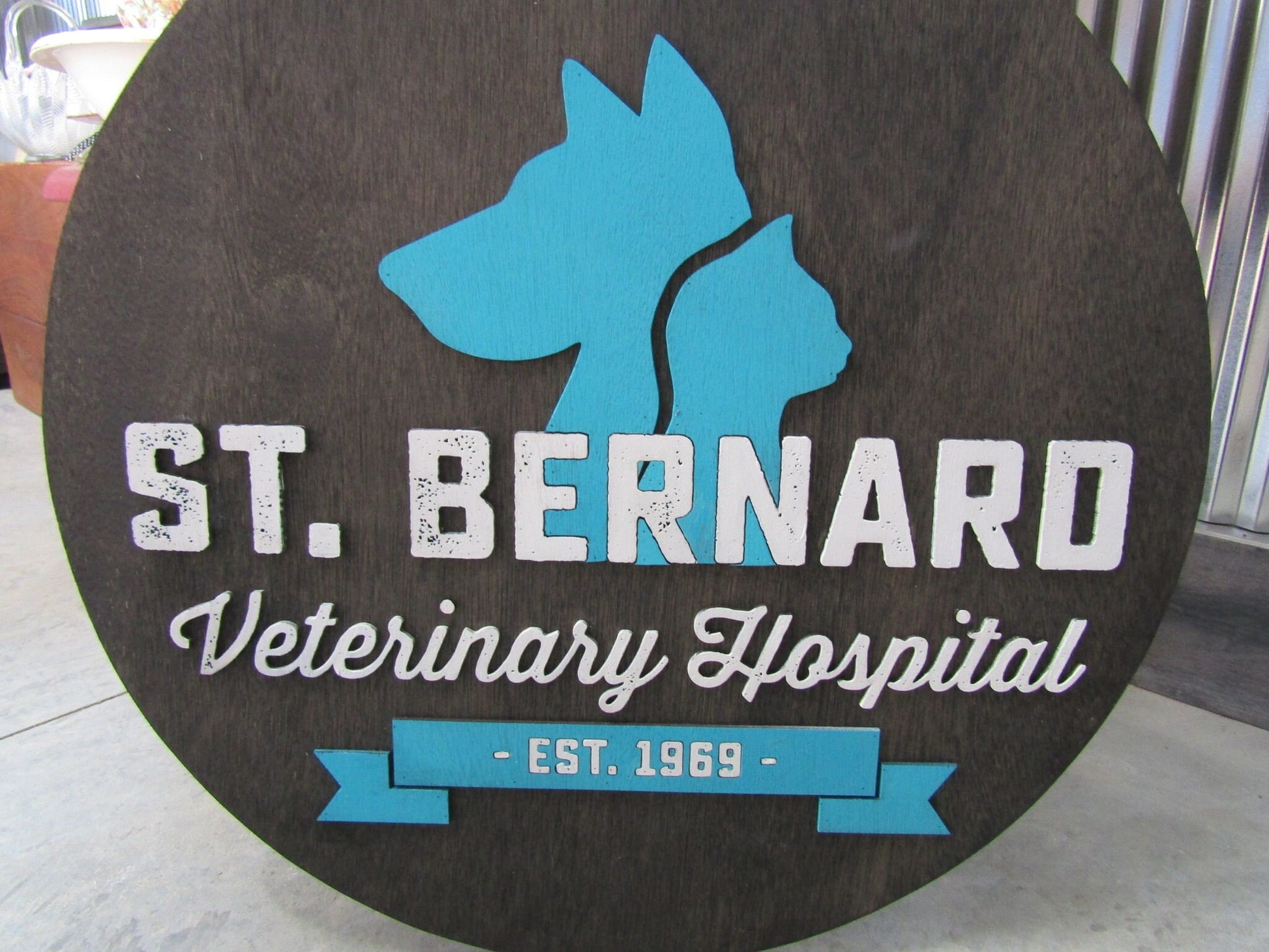 Custom Wooden Sign Round St Benard Veterinary Clinic Animal Hospital Vet Personalized Commerical Signage Raised Letters Your Logo Handmade