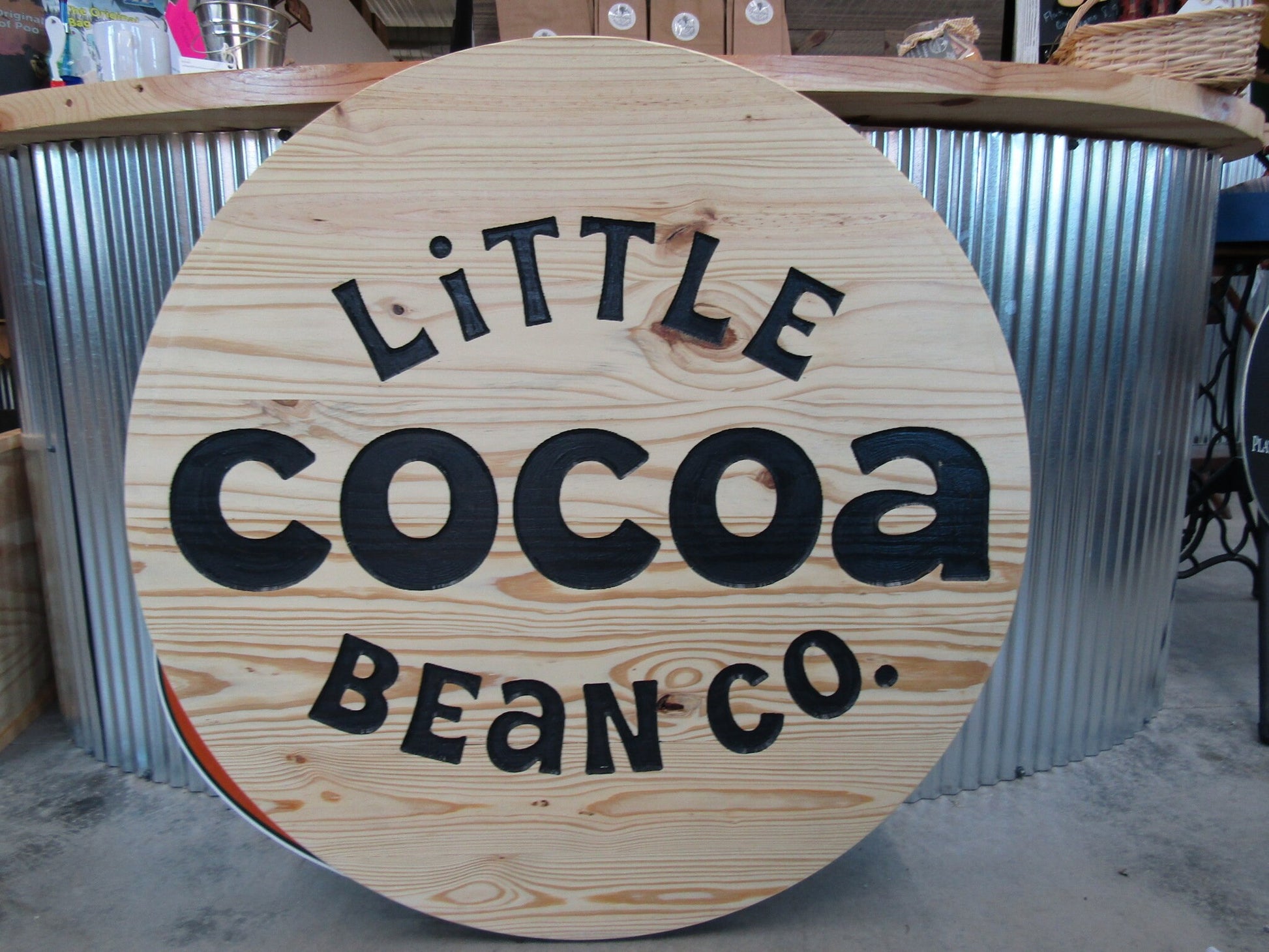 Custom Wood Carved Engraved Color Filled Business Commerical Signage Cocoa Bean Chocolate Sweets Your Logo Pine Wood Store Front Round Sign