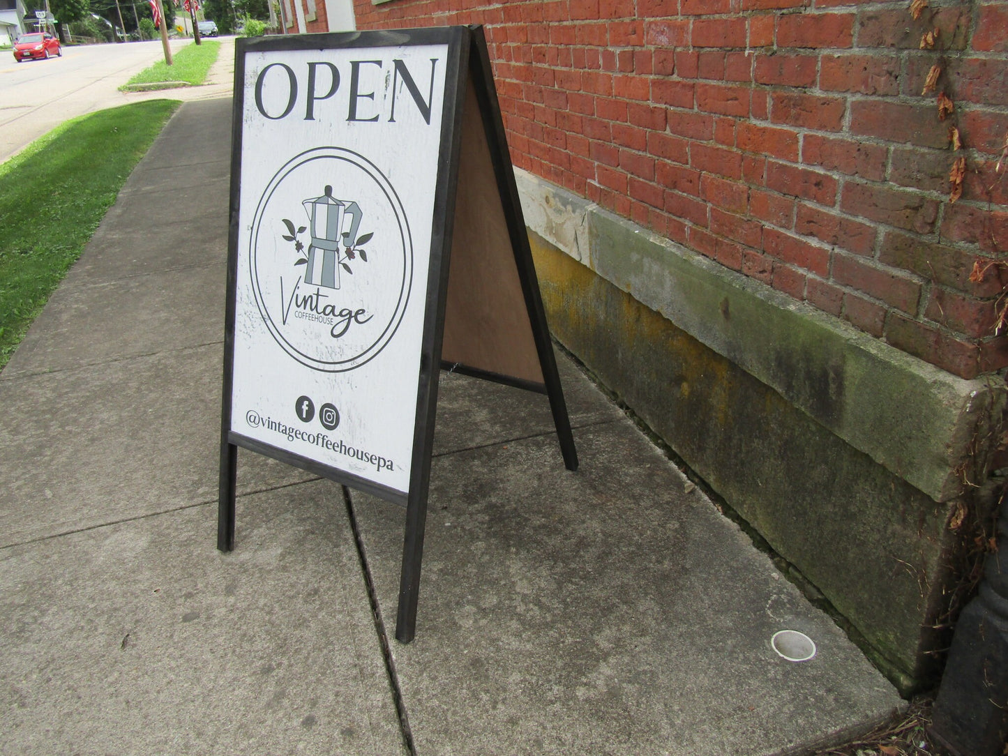 Vintage Coffee Shop Sidewalk Open Welcome Sign Board Walk A frame Free Standing Printed Outdoor Sandwich Board Sign Your logo social media